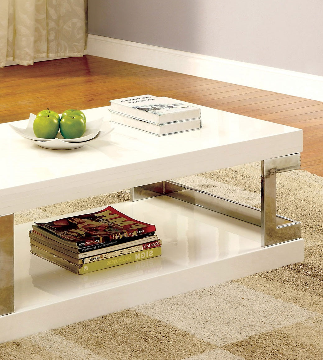 Contemporary Style White 1Pc Coffee Table Bottom Shelf High Gloss Lacquer Coating Chrome Frame Accents Living Room Furniture White Primary Living Space Antique,Classic,Contemporary,Modern,Transitional Open Storage Rectangular Coffee & End Tables Metal