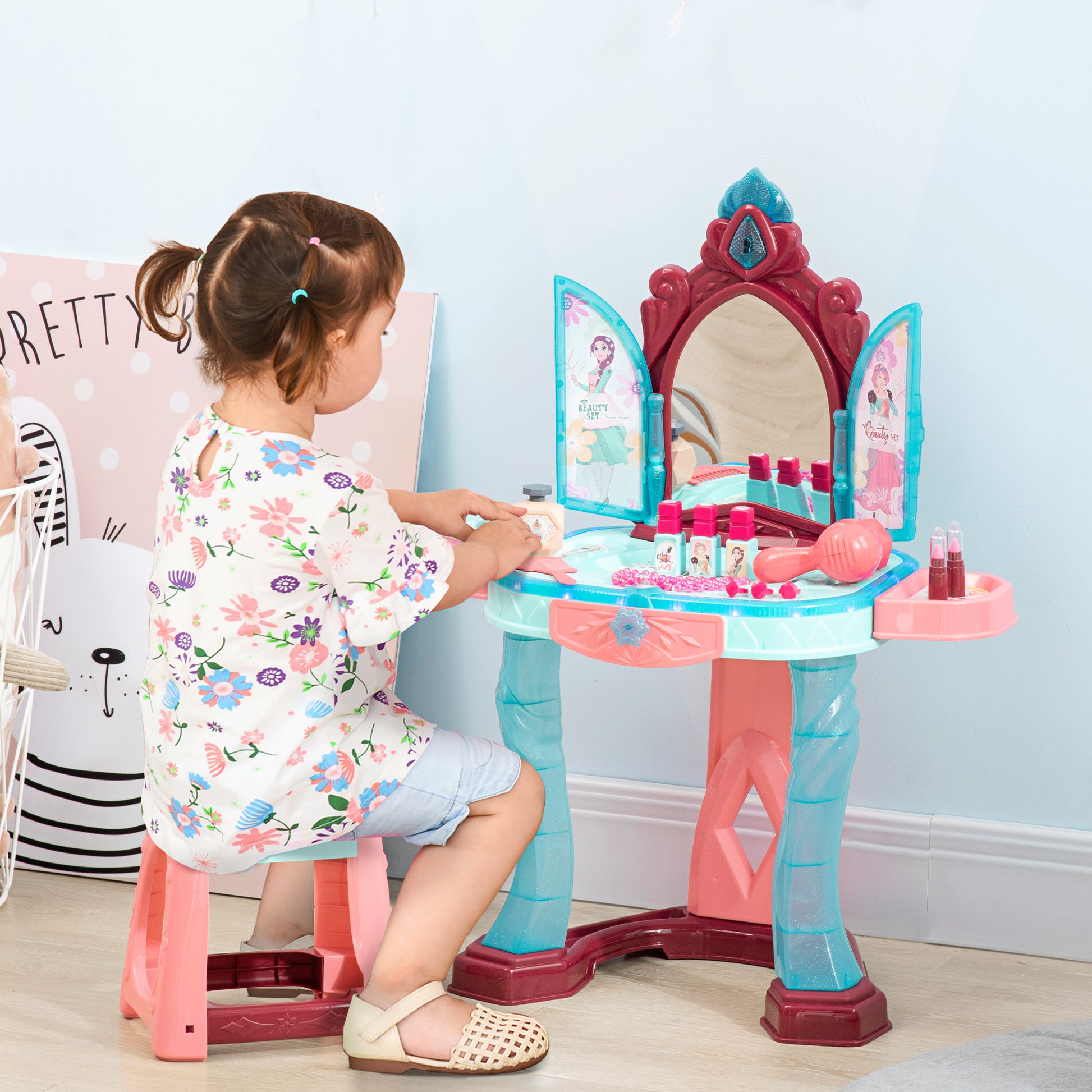 Qaba Kids Vanity Set With Self Opening Magic Mirror, Princess Makeup V