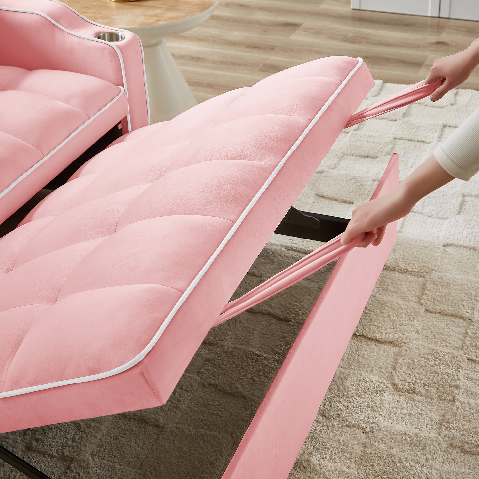 1 Versatile Foldable Sofa Bed In 3 Lengths, Modern Sofa Sofa Sofa Velvet Pull Out Bed, Adjustable Back And With Usb Port And Ashtray And Swivel Phone Stand Pink Pink Solid Wood Mdf Resin 2 Seat