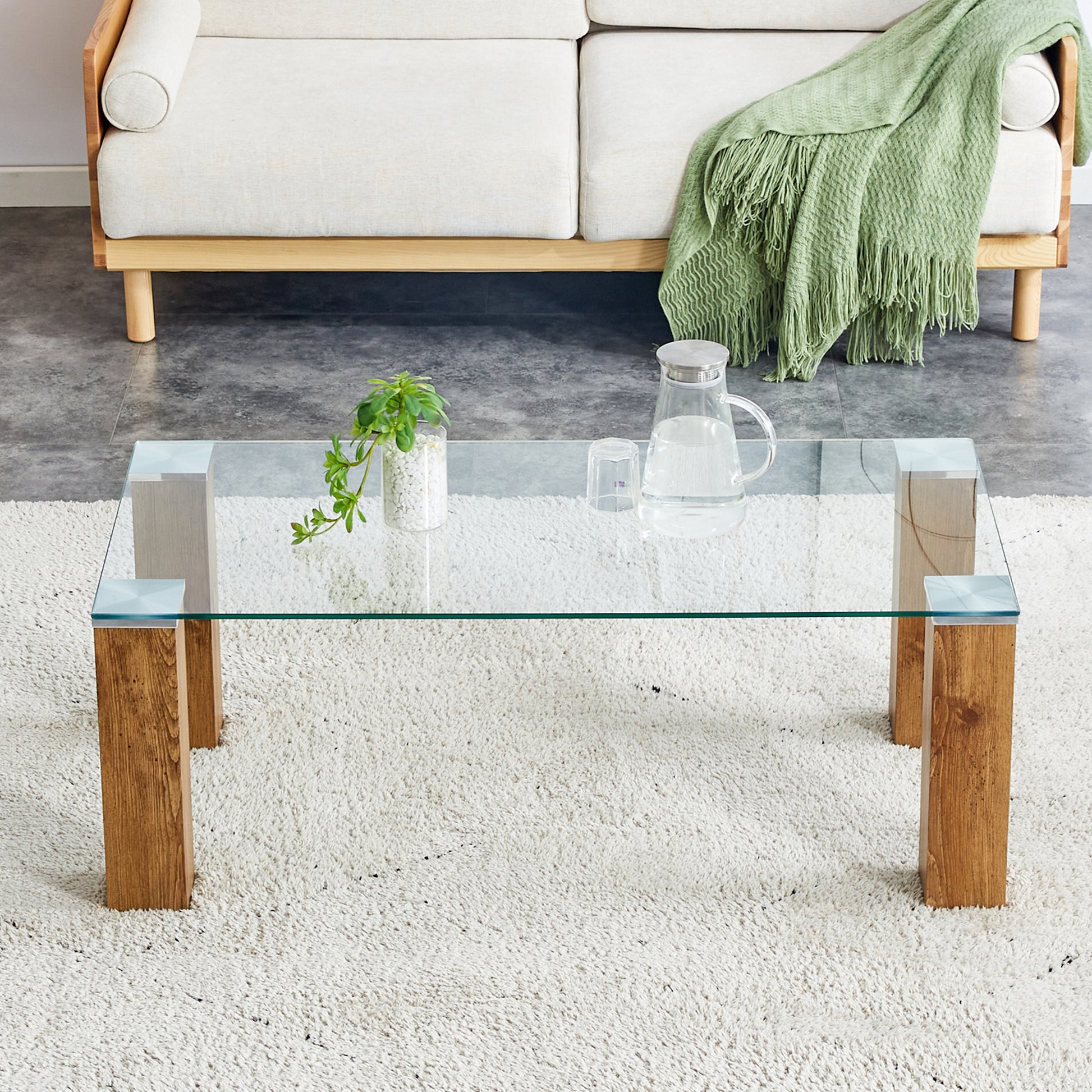 Glass Top Coffee Table,Tea Table, With Mdf Legs Stylish Blend Of Elegance And Durability 44.9"*21.7"*16.9" Transparent Wood Glass