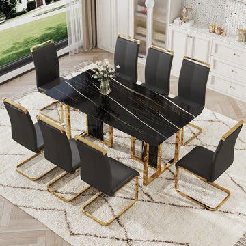 Table And Chair Set. Modern Dining Table With Mdf Top And Beautiful Mdf Legs. Equipped With Comfortable Pu Chairs And Metal Legs. Suitable For A Wide Range Of Decorative Styles. Black Seats 8 Mdf