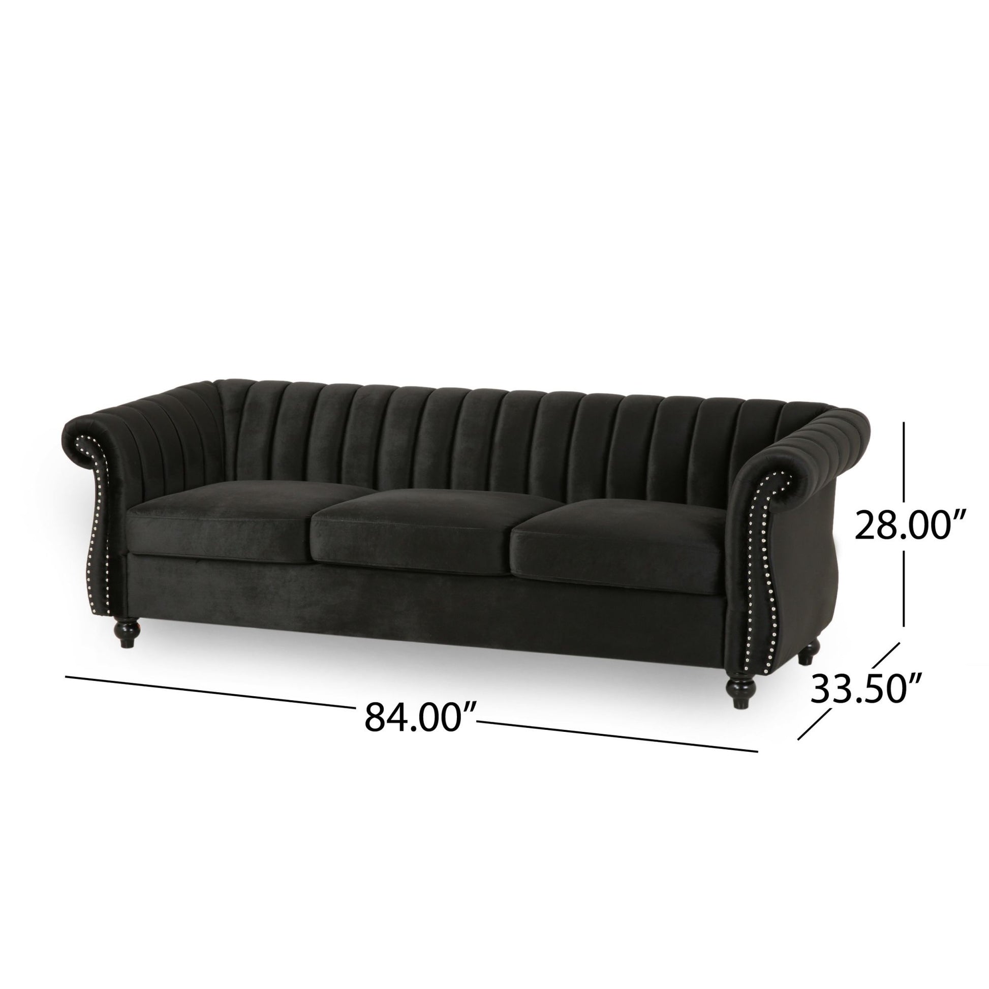 84 Inch Black 3 Seater Velvet Sofa Button Tufted With Trim, Curved Backrest, And Rolled Arms, Stylish And Elegant Couch For Modern Living Rooms, Durable Upholstery, Luxury Design Black Velvet Wood Primary Living Space Medium Firm Loose Back Medium Duty
