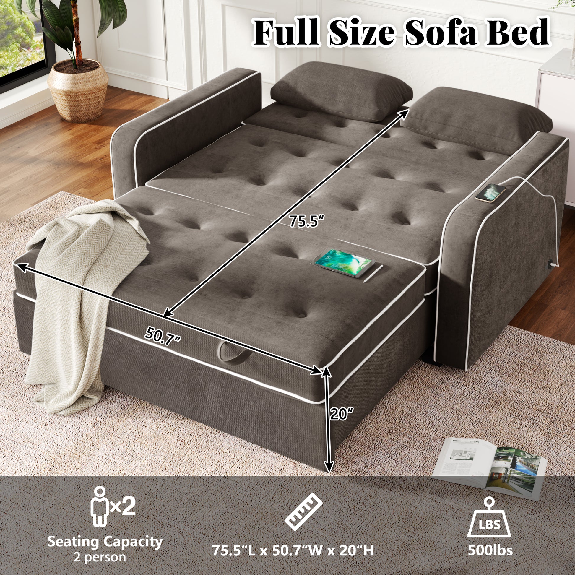 66.5" Linen Upholstered Sleeper Bedpull Out Sofa Bed Couch Attached Two Throw Pillows,Dual Usb Charging Port And Adjustable Backrest For Living Room Space,Brown Gray Brown Gray Foam Linen 2 Seat