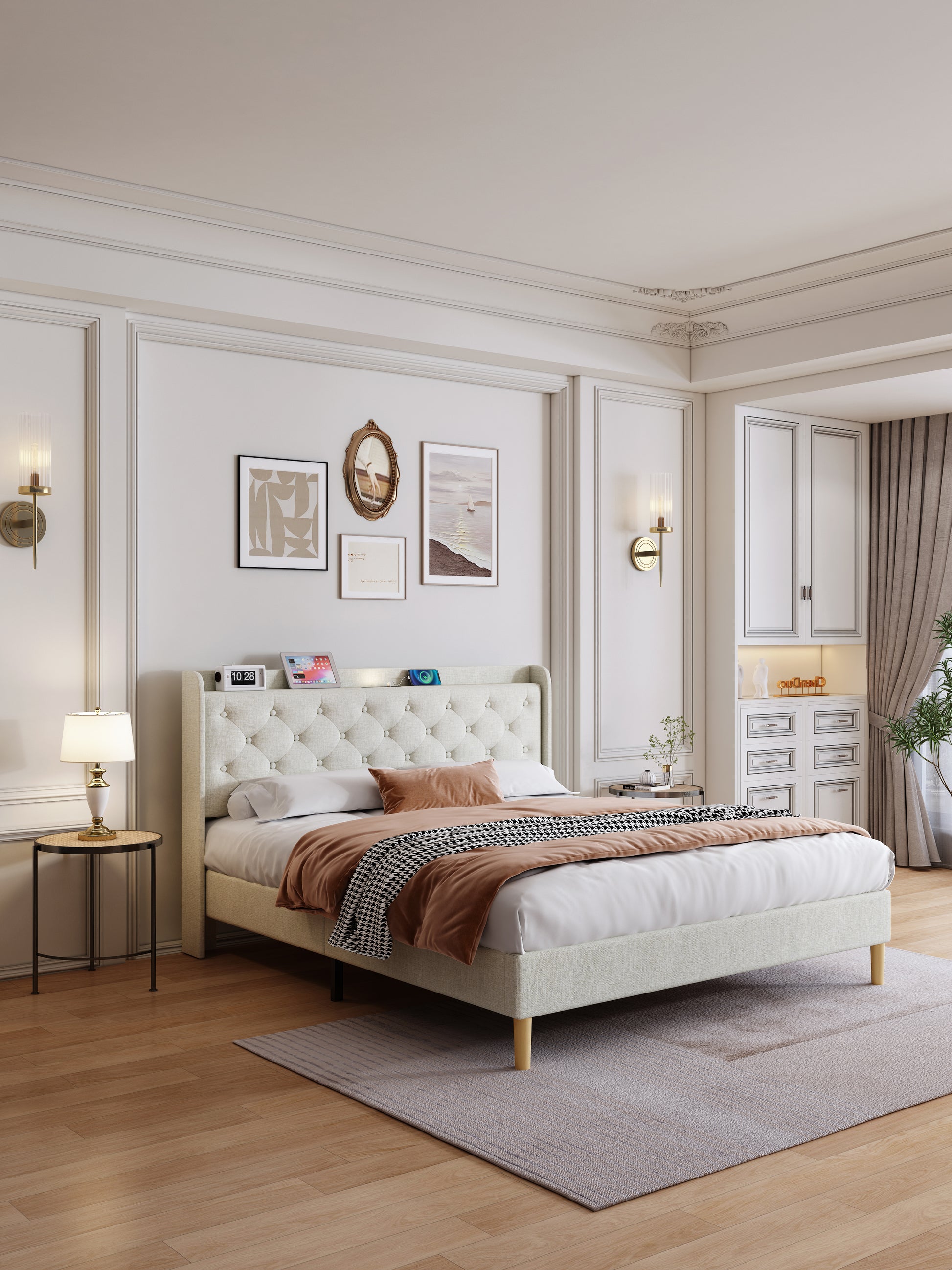 Queen Size Bed, Mesh Backboard Beautiful, With Led Lights, Cotton And Linen Fabric, Frame Stability, Easy To Assemble,Light Gray Queen Light Gray Mdf Acacia