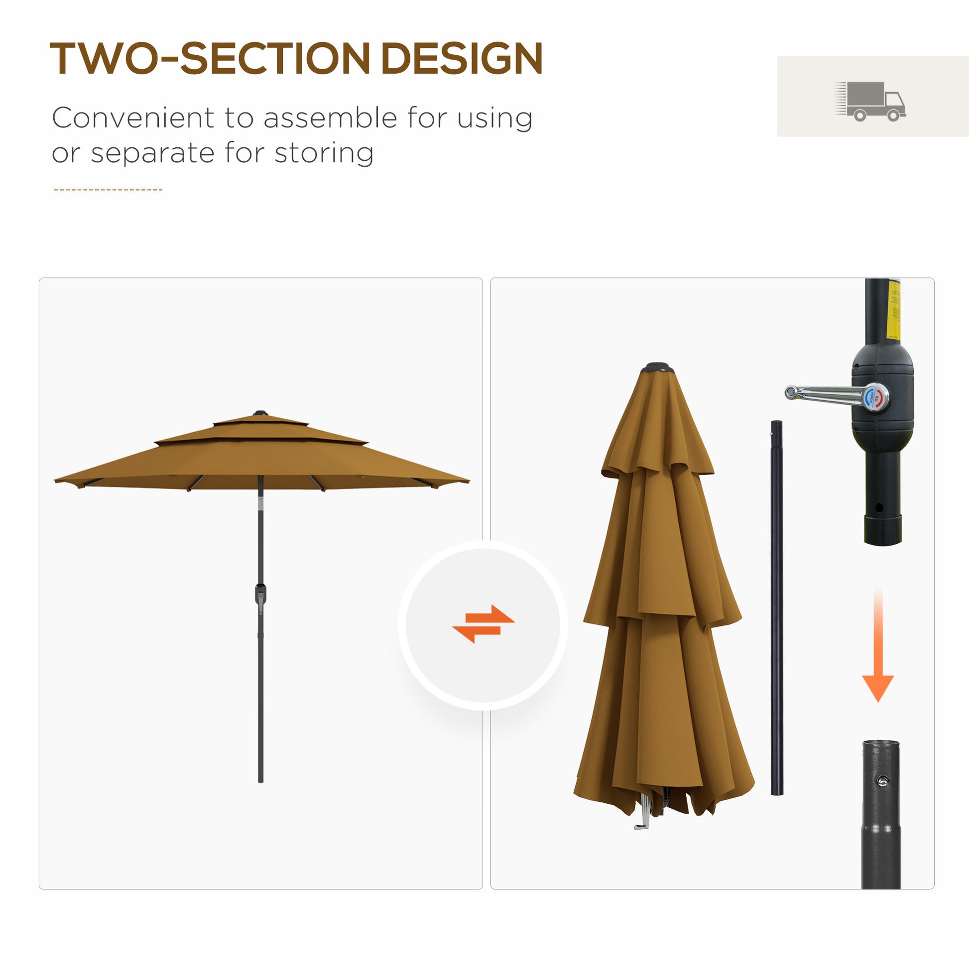 Outsunny 9Ft 3 Tiers Patio Umbrella Outdoor Market Umbrella With Crank, Push Button Tilt For Deck, Backyard And Lawn, Tan Tan Polyester