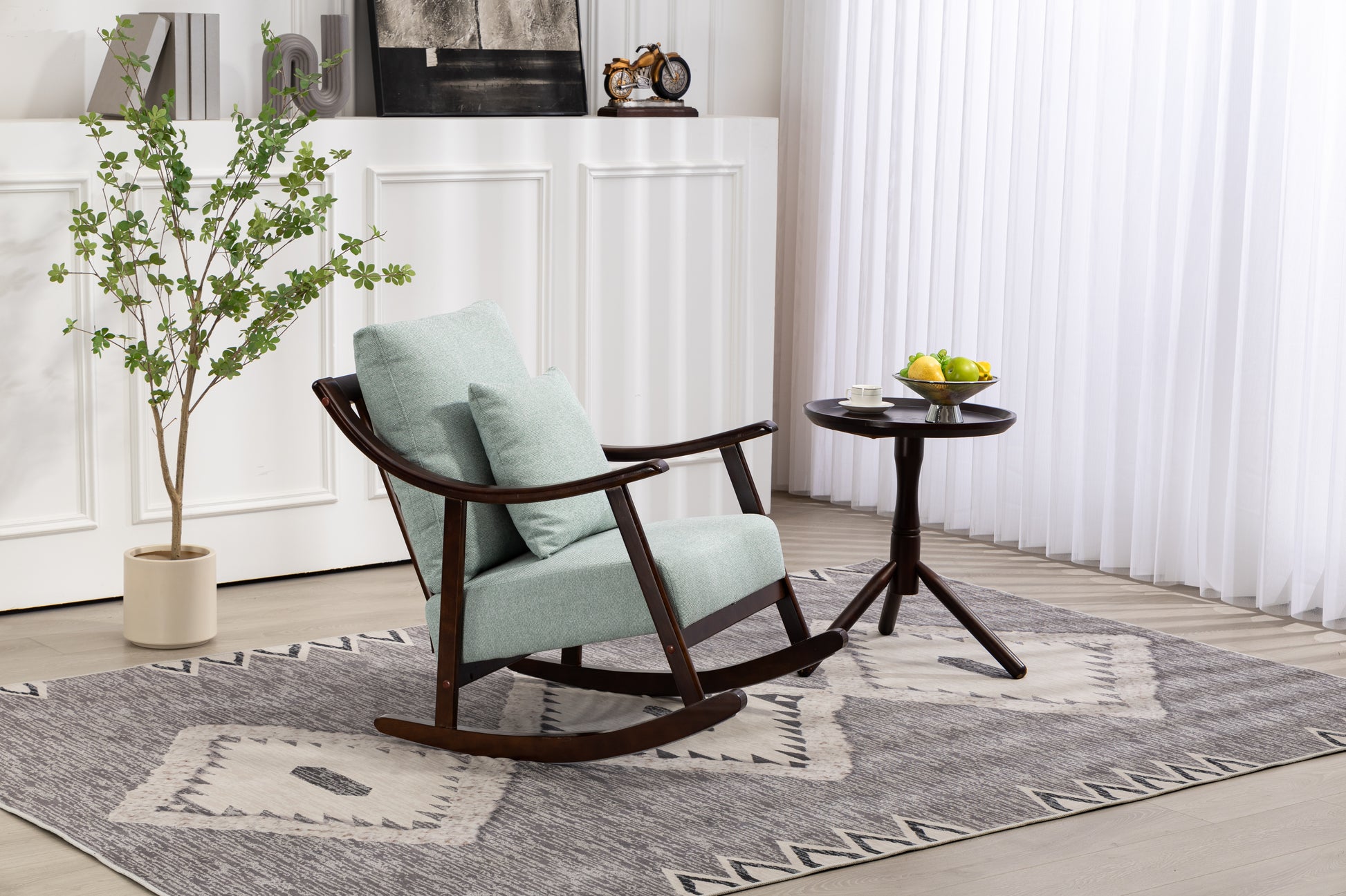 Woven Fabric Mid Century Modern Accent Chairs Comfy Upholstered Glider Arm Chair With Solid Wood For Living Room Bedroom Balcony Light Green Linen