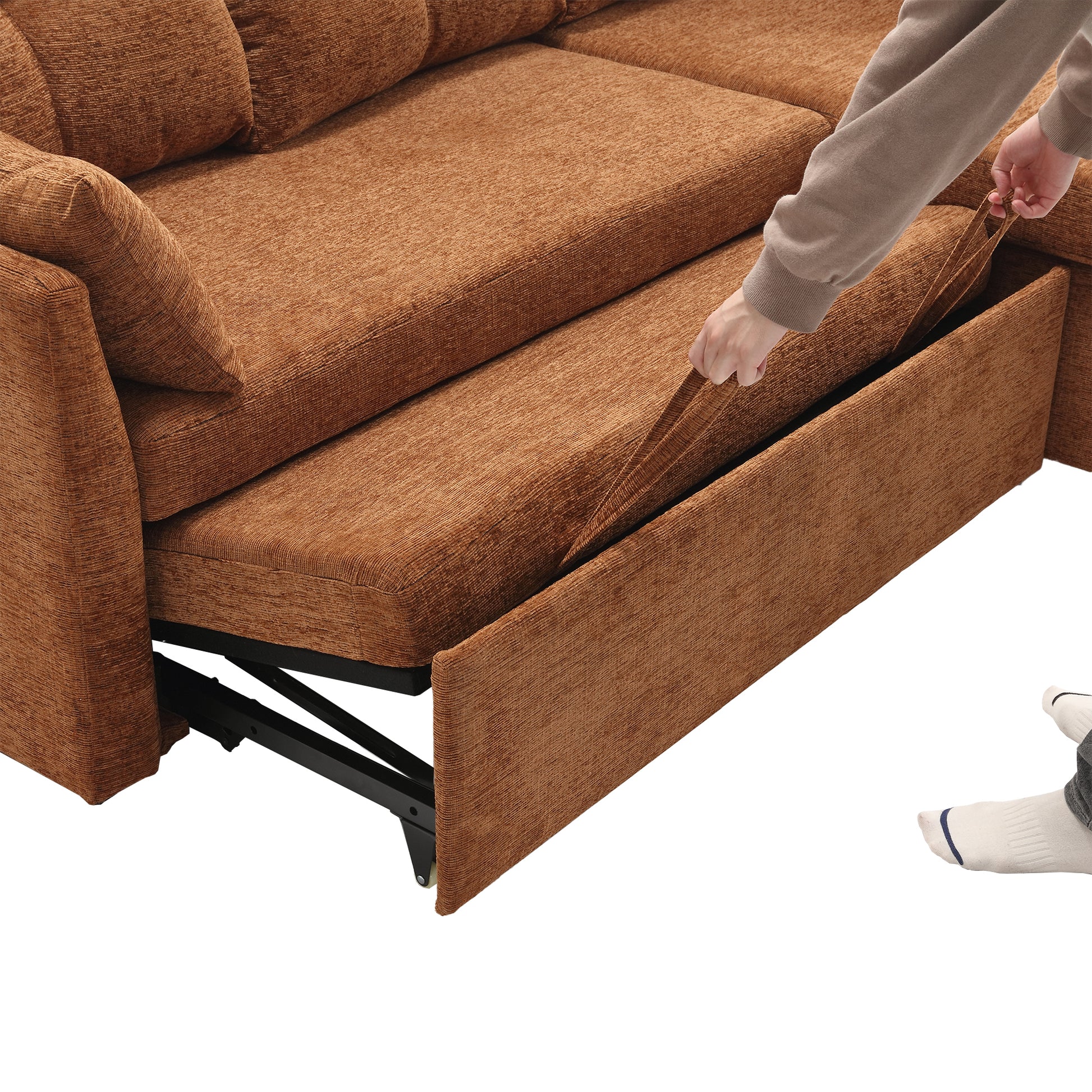 United We Win Furniture, Modular L Shaped Sofa, Modular Long Sofa With Reversible Chaise Lounge, Sofa Bed, Sleeper Sofa, Modular Sofa Combination With Storage Seats. Brown Chenille 3 Seat