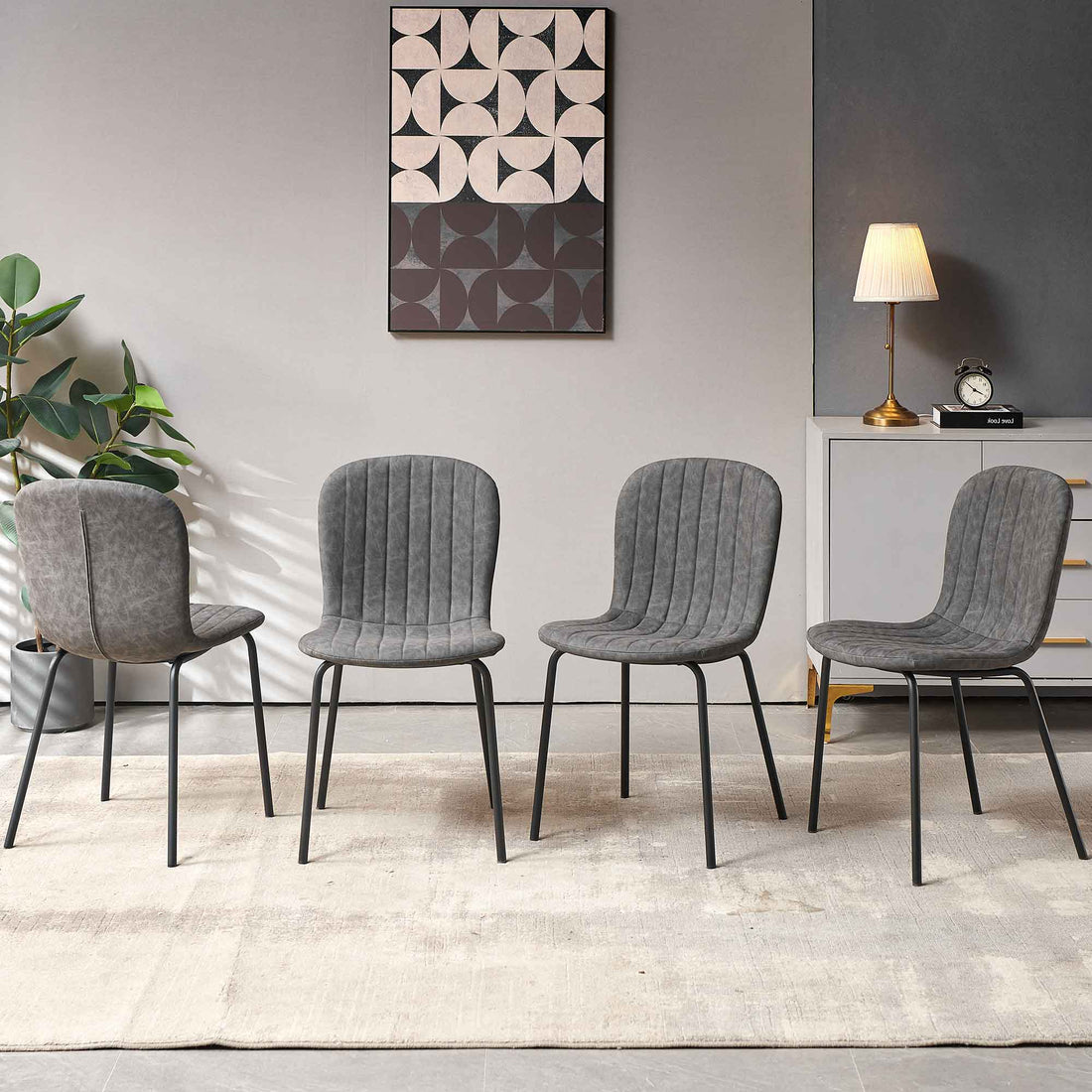 Dark Grey Faux Leather Dining Chairs Set Of 4,Mid Century Modern Upholstered Pu Leather Chairs,For Kitchen Dining Room Metal Plaid Dark Gray Dining Room Powder Coated Foam Dry Clean Modern Dining Chairs Solid Back Foam Pu Leather