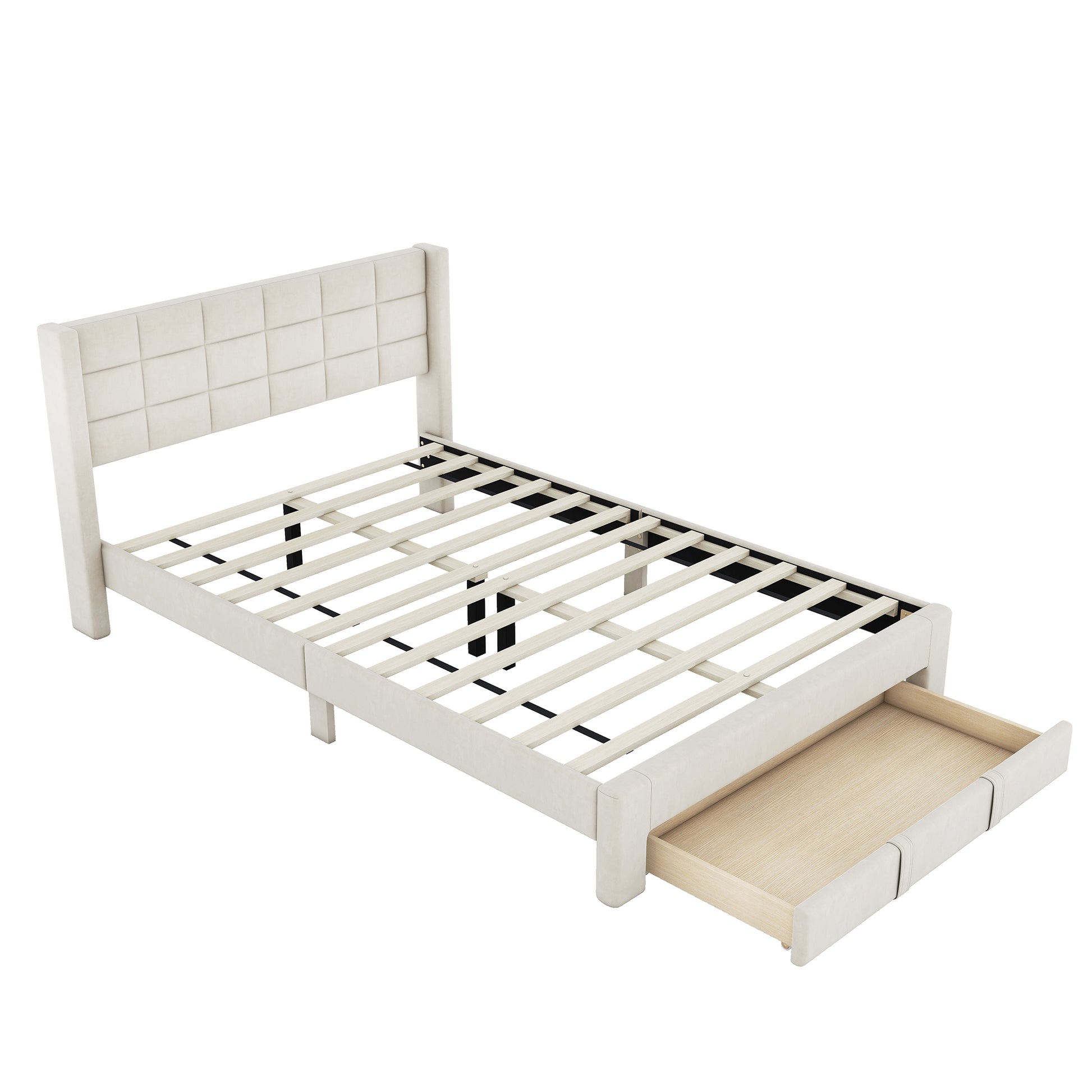 Queen Size Upholstered Platform Bed With A Big Drawer, Beige Box Spring Not Required Queen Beige Wood Bedroom Bed Frame Polyester Upholstered