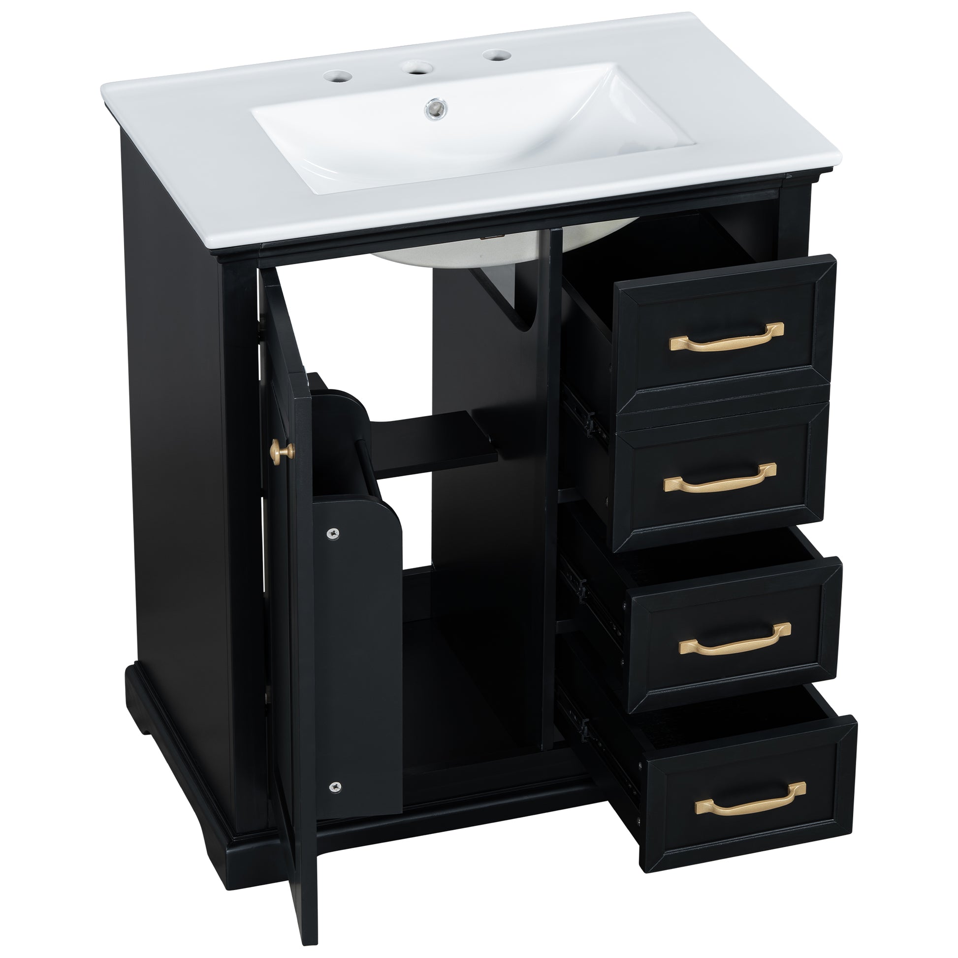 30" Bathroom Vanity With Sink, One Package, Black Bathroom Cabinet With Drawers, Solid Frame And Mdf Board Black Solid Wood Mdf