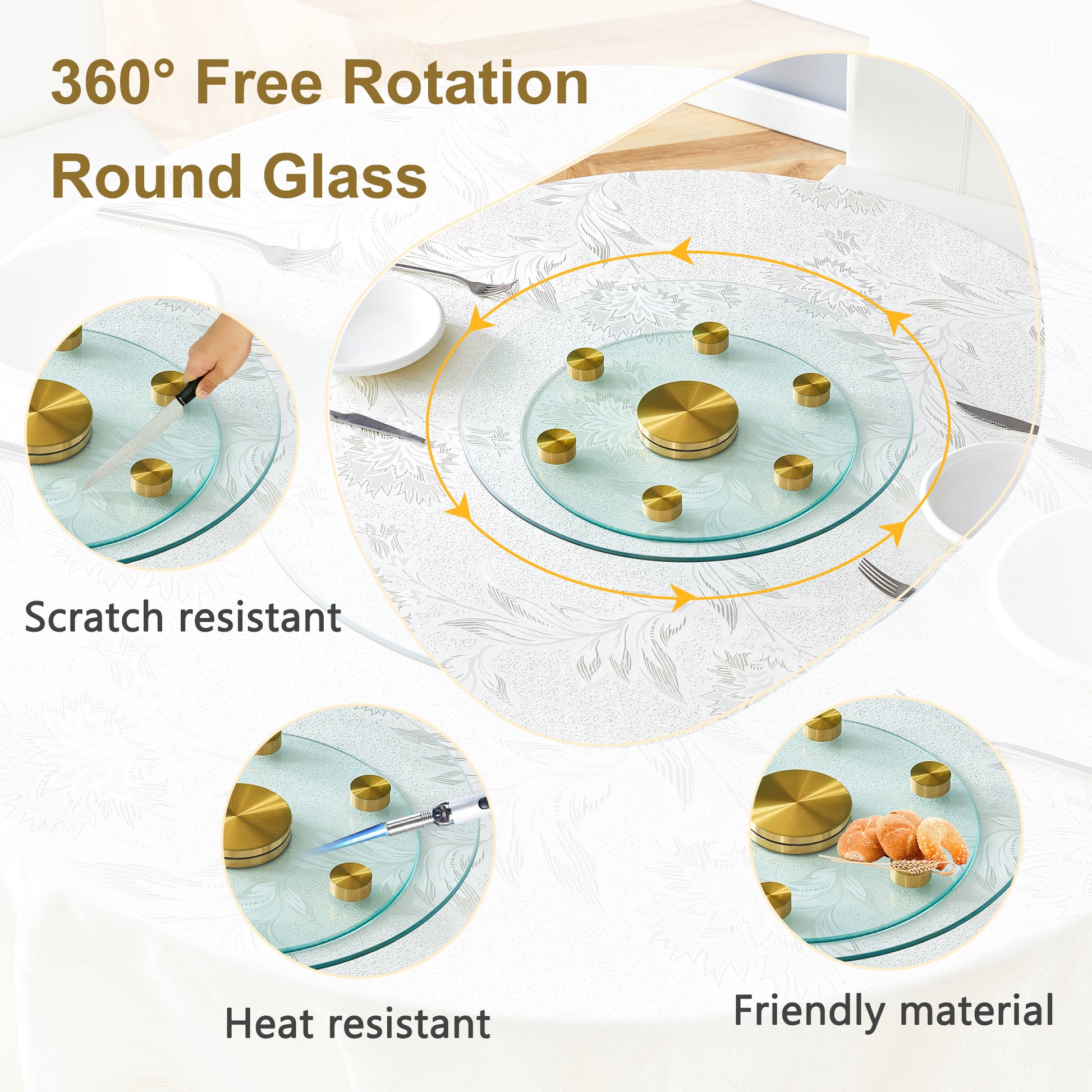 Double Layer Rotatable Round Glass.Golden Aluminum Plate,The Rotatable Design Makes It Convenient To Retrieve And Place Items.The Upper Glass Has A Diameter Of 20 Inches,The Lower Glass15 Inches.