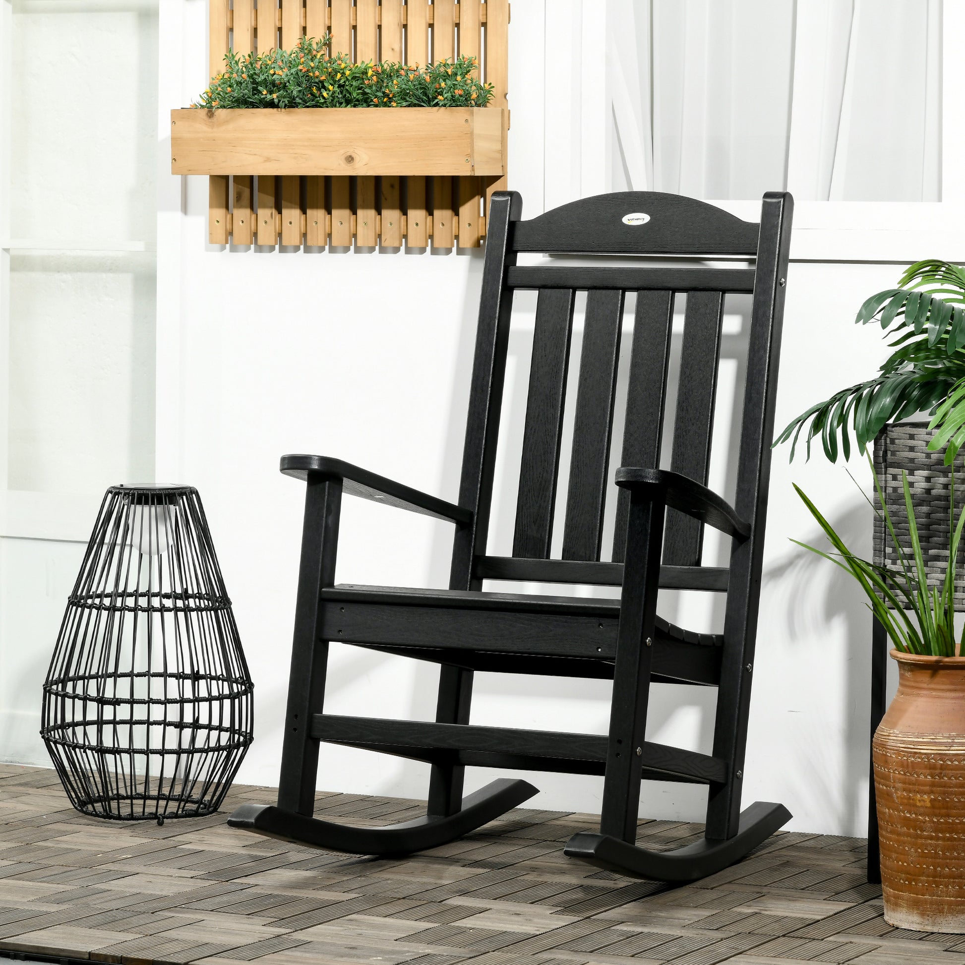 Outsunny Outdoor Rocking Chair, All Weather Resistant Hdpe Rocking Patio Chairs With Rustic High Back, Armrests, Oversized Seat And Slatted Backrest, 350Lbs Weight Capacity, Black Black Plastic