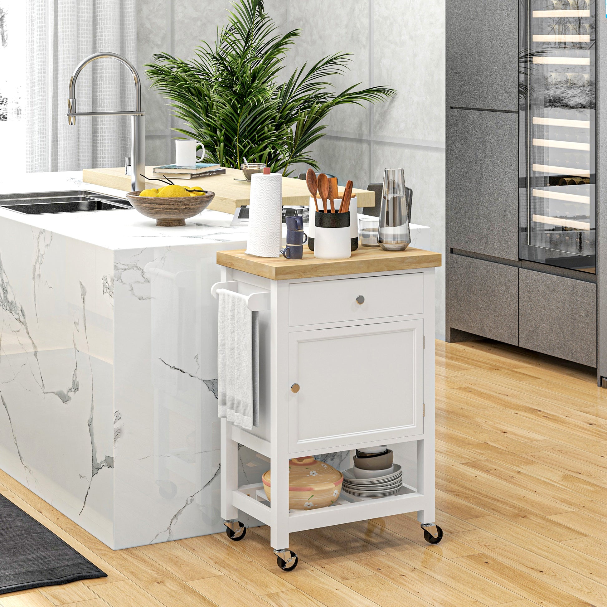 Homcom Utility Kitchen Cart, Rolling Kitchen Island With Smooth Rubberwood Top, Narrow Butcher Block Surface On Wheels With Storage Drawer & Cabinet, White White Engineered Wood