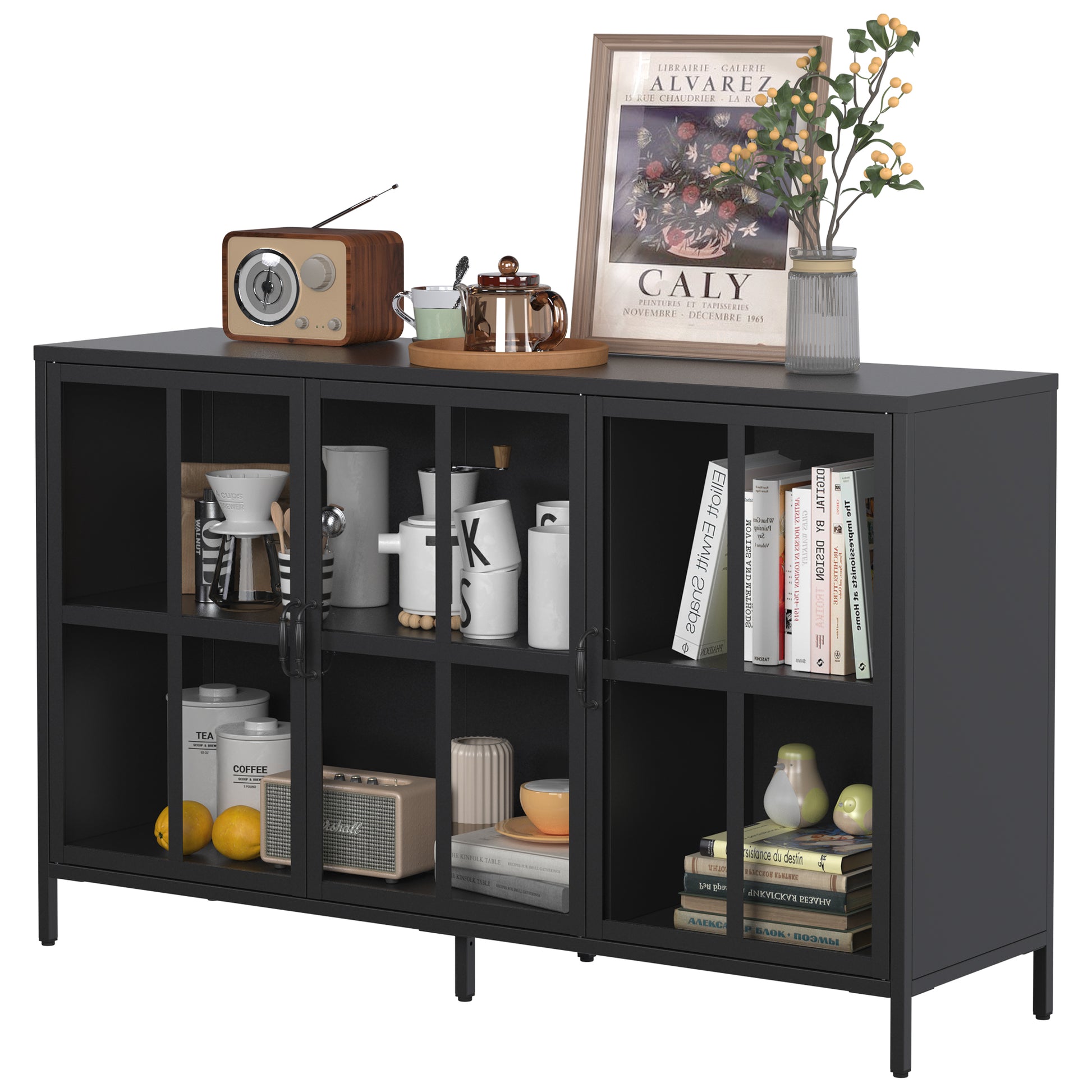 Heavy Duty Metal Modern Sideboard Buffet Cabinet With Storage Premium Steel Storage Cabinet ,Adjustable Feet,Glass Doors,Large Capacity Organizer For Living Room,Bed Room,Dining Room Accent Chests 3 4 Spaces Antique Black Primary Living Space Glass Doors