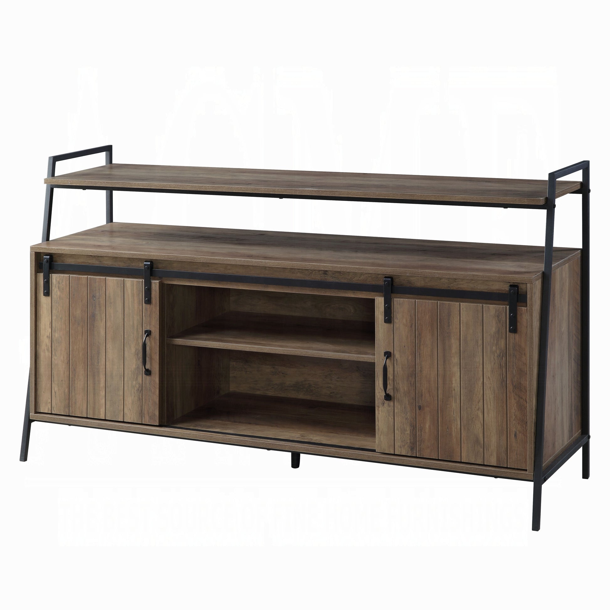 Rustic Oak And Black Tv Stand With Sliding Barn Door Oak Primary Living Space 50 59 Inches 50 59 Inches Paper Composite