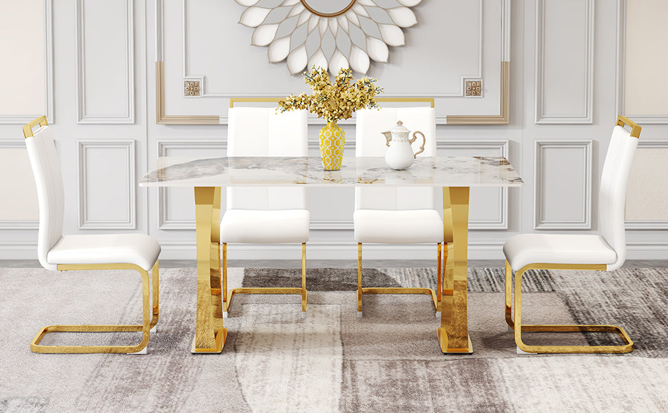 Table And Chair Set, Rock Plate Table Top, Gold Metal Table Legs, Stable And Beautiful, Suitable For Most Home Styles. Modern Simple Dining Table, Comfortable Seating. White Gold Seats 4 Sintered Stone