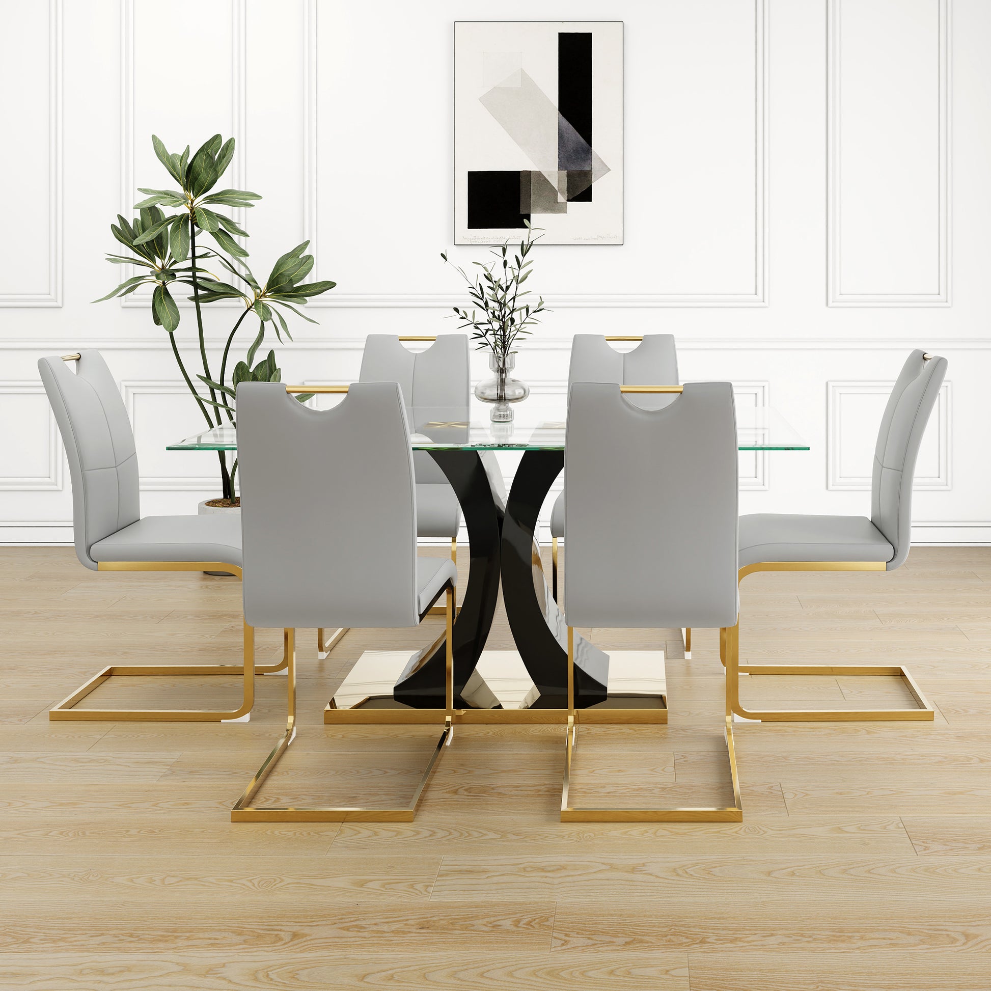 Modern Style Glass Dining Table, Elegant Transparent Design, Solid Support Base, Grey Dining Chair Set, Gold Plated Chair Legs, Suitable For Restaurant Kitchen Use Set Of 7 Grey Glass