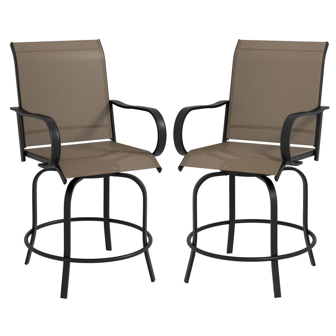 Outsunny Outdoor Bar Stools With Armrests, Set Of 2 360 Swivel Bar Height Patio Chairs With High Density Mesh Fabric, Steel Frame Dining Chairs For Balcony, Poolside, Backyard, Brown Brown Steel