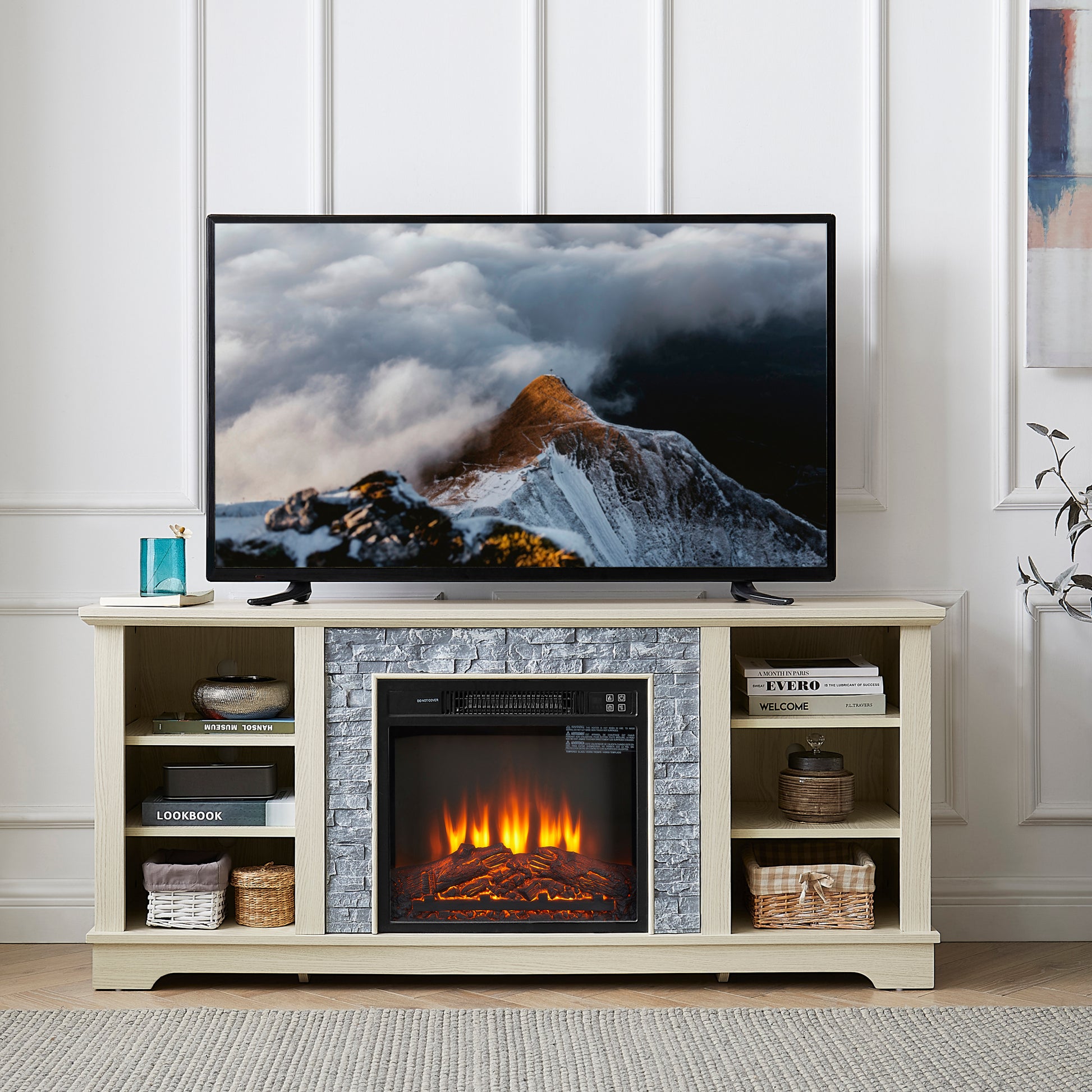 Mantel Electric Fireplace Stone Tv Media Stand, Open Storage Modern Entertainment Console Space With 18" Fireplace Insert, White, 58.31"W*15.39"D*26.06"H White 60 69 Inches Mdf