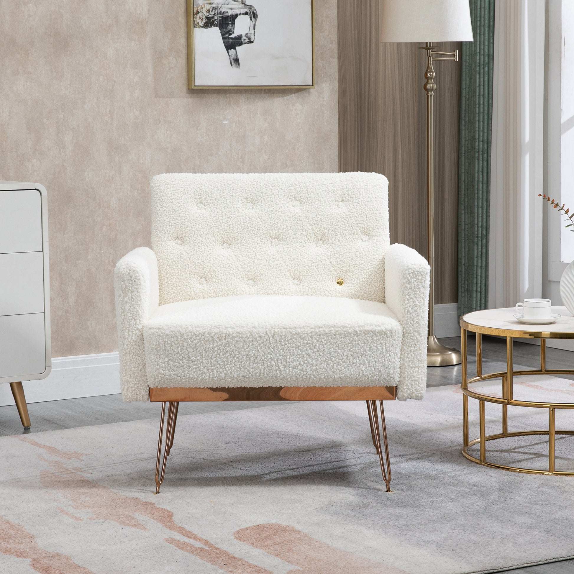 Coolmore Armchair Single Sofa Modern Tufted Upholstered Side Reading Chairs With Arm And Gold Metal Leg For Living Room Bedroom White Teddy White Teddy Foam Teddy