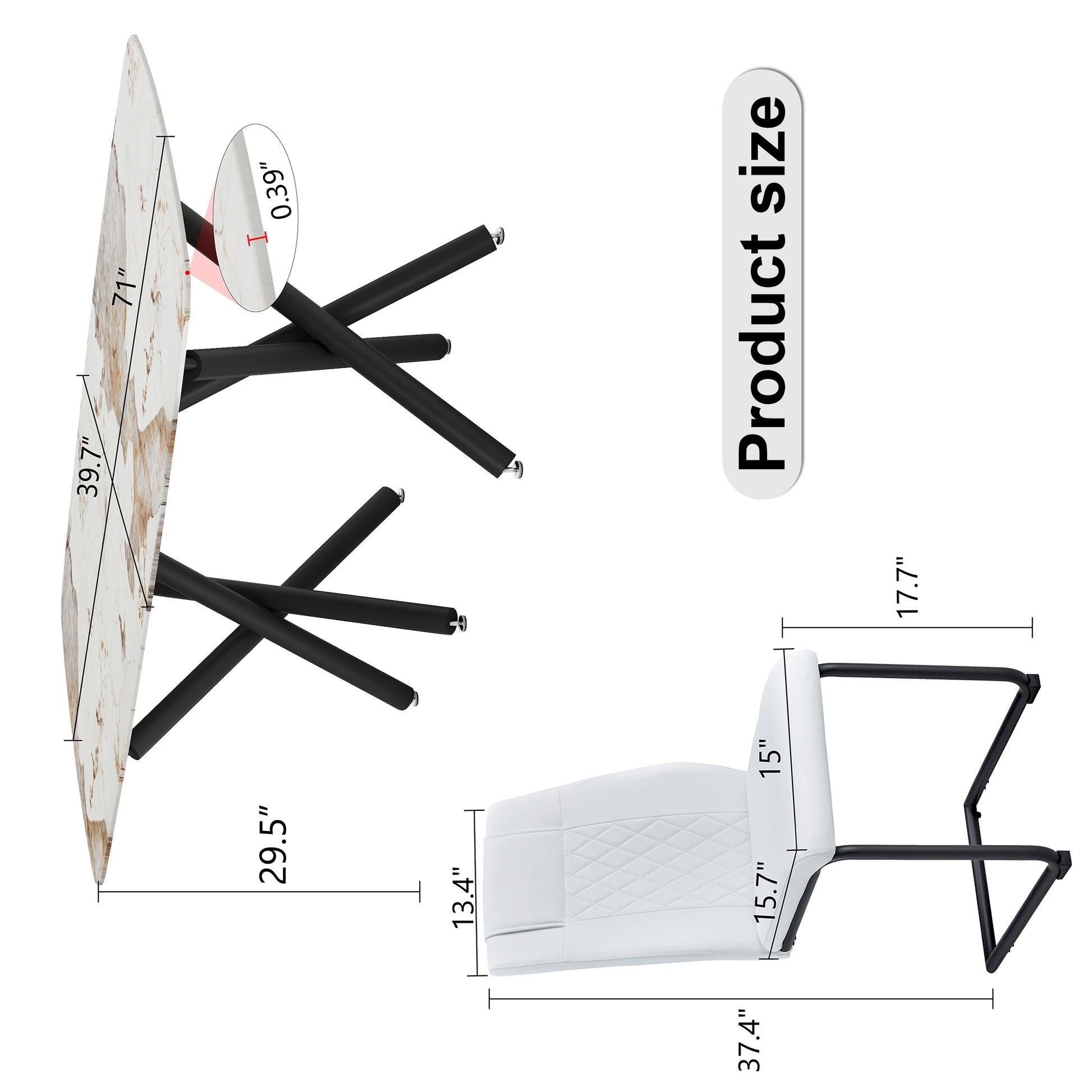 1 Table And 6 Chairs Set.A Rectangular Dining Table With A 0.39 Inch Imitation Marble Tabletop And Black Metal Legs.Paired With 6 Chairs With Pu Leather Seat Cushion And Black Metal Legs.F 1538,C 001 White Black Glass Metal