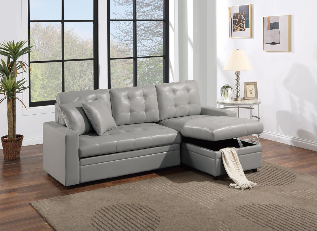 Light Gray Faux Leather Convertible Sectional Sofa Pull Out Bed Couch Storage Chaise Tufted Reversible 2Pc Sectional Living Room Light Gray Primary Living Space Tufted Back Contemporary,Modern L Shaped Square Arms Faux Leather 4 Seat