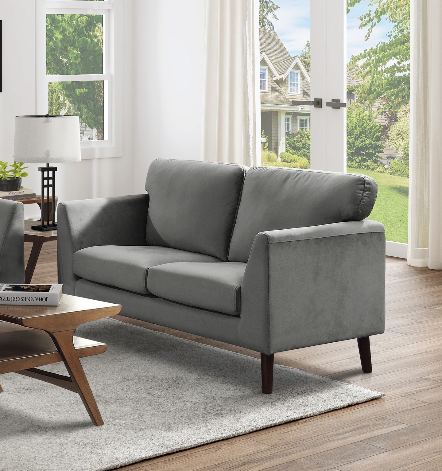 Modern Contemporary Living Room 1Pc Loveseat Gray Velvet Upholstery Dark Brown Legs Solid Wood Furniture Gray Velvet Wood Primary Living Space Modern Solid Wood