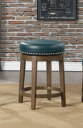 Round Swivel Counter Height Stools Set Of 2, Green Faux Leather 360 Degree Swivel Seat Trim Solid Wood Frame Brown Finish Furniture Brown Green Dining Room Round Solid Wood