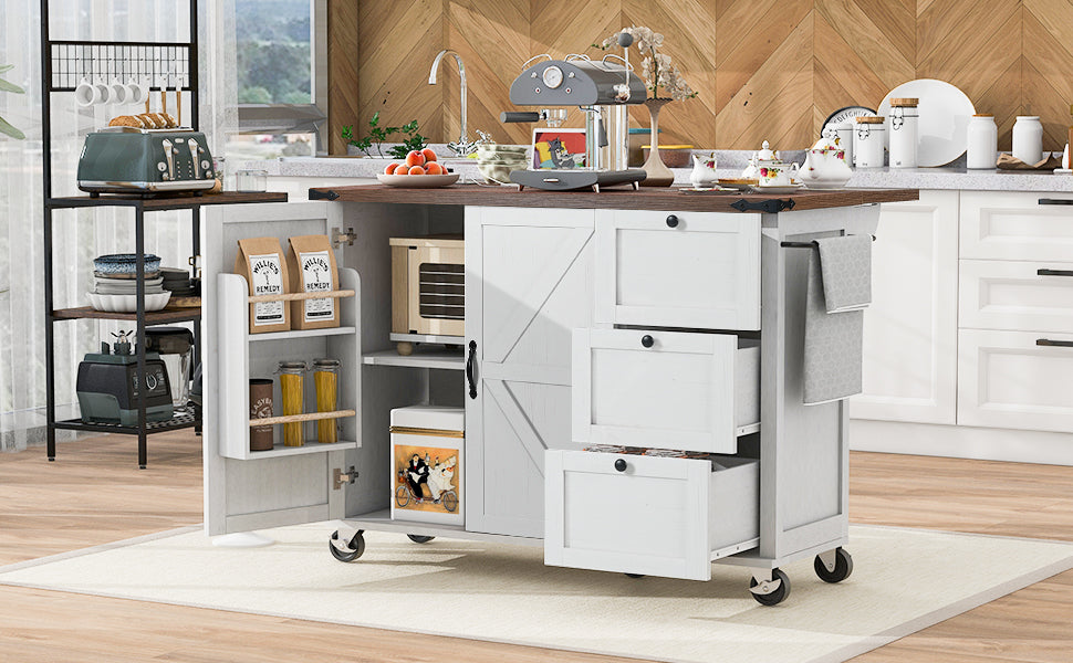 K&K 54.5" Farmhouse Kitchen Island With Power Outlet, Kitchen Storage Island With Internal Storage Rack, Drop Leaf, Spice Rack, Rolling Kitchen Cart On Wheels, For Home, Kitchen And Dining