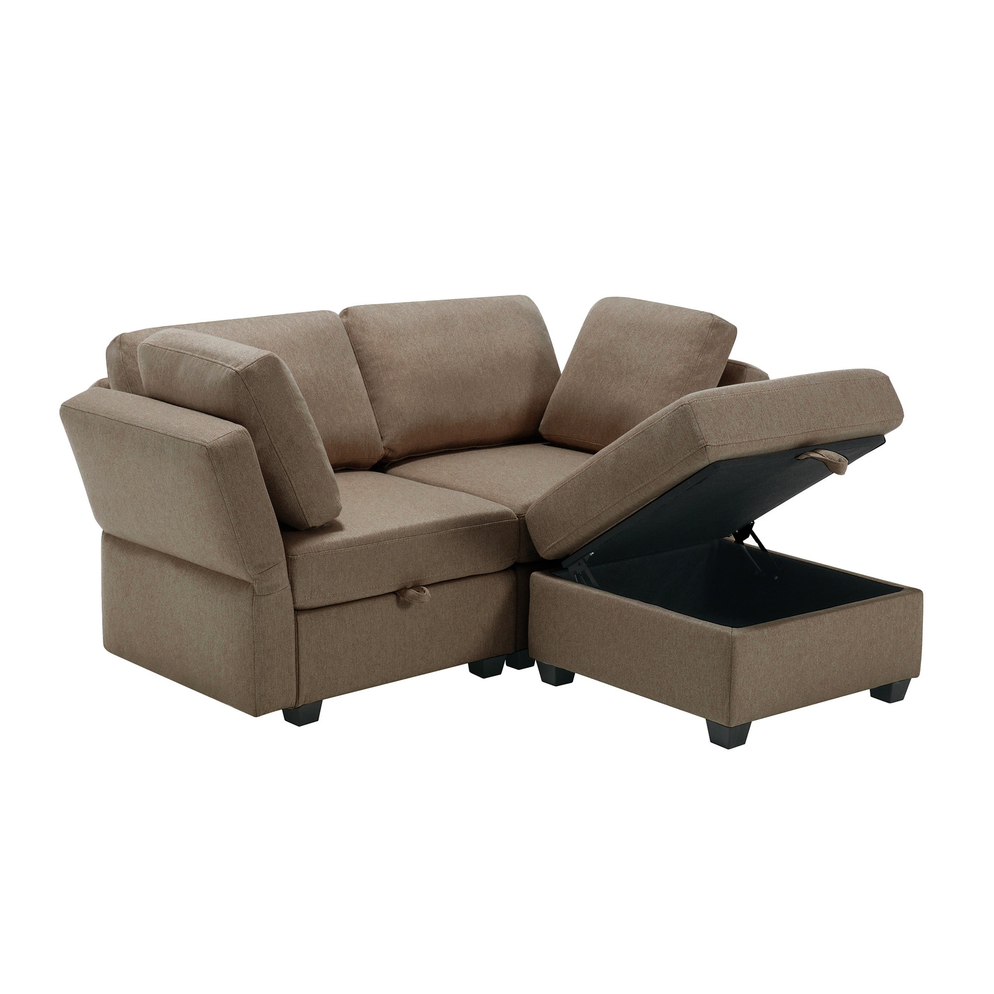 Space Saving Small Sectional Sofa With Ottoman, 2 Seater Sofa With 1 Ottoman, All Seats And Ottomans With Storage Function Brown Brown Polyester 2 Seat