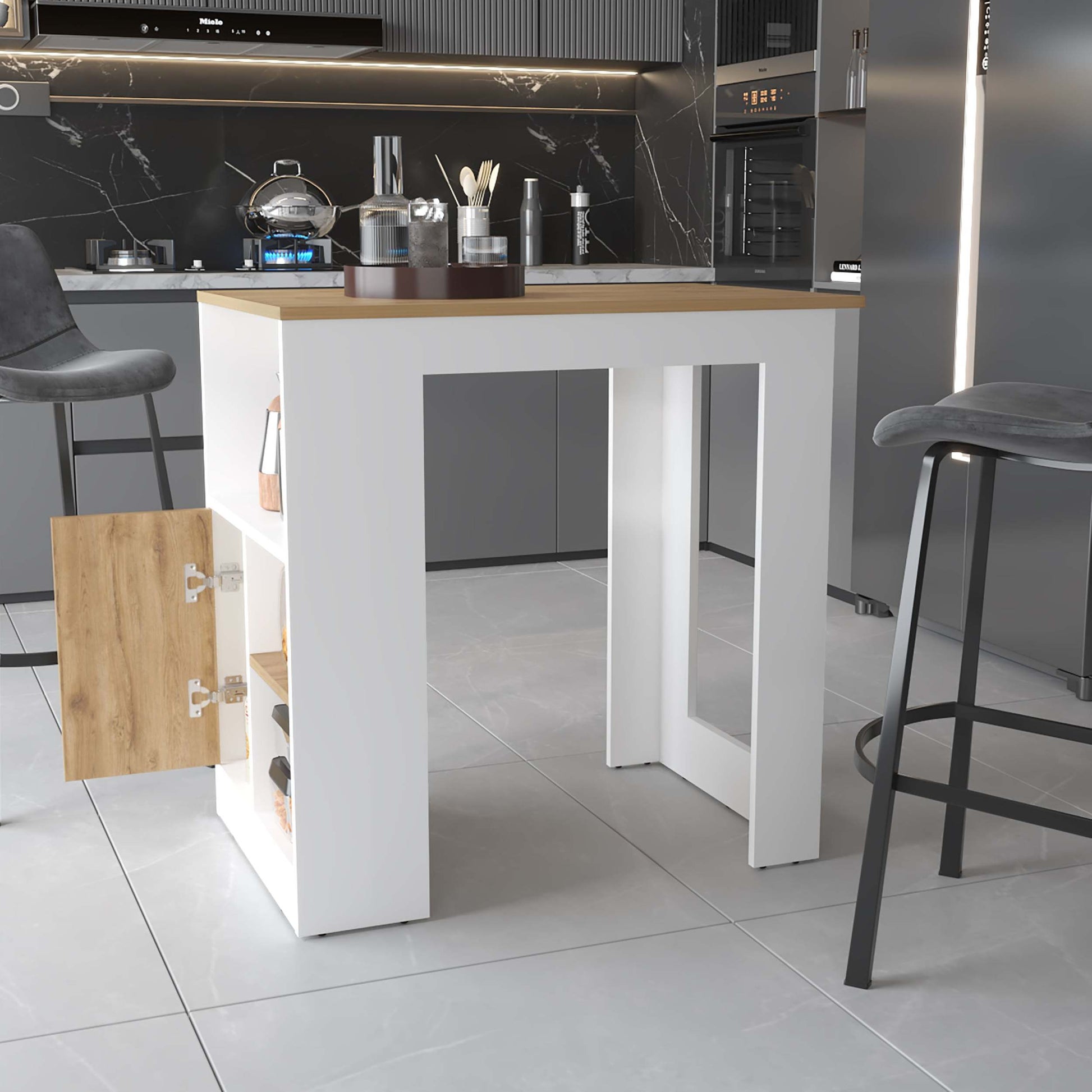 Aurora Kitchen Island With Open Compartment And Cabinet In White And Macadamia White Engineered Wood