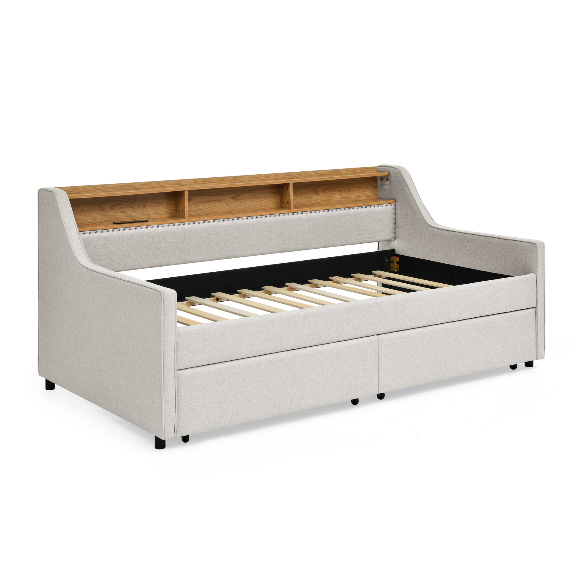 Twin Size Upholstery Sofa Bed With Three Led Lights, With Storage Adjustable Headboard, With Two Storage Pull Up Drawers And Wireless Charging, Linen Padded Sofa Bed Frame, Beige Box Spring Not Required Twin Beige Composite Bedroom Classic Eucalyptus