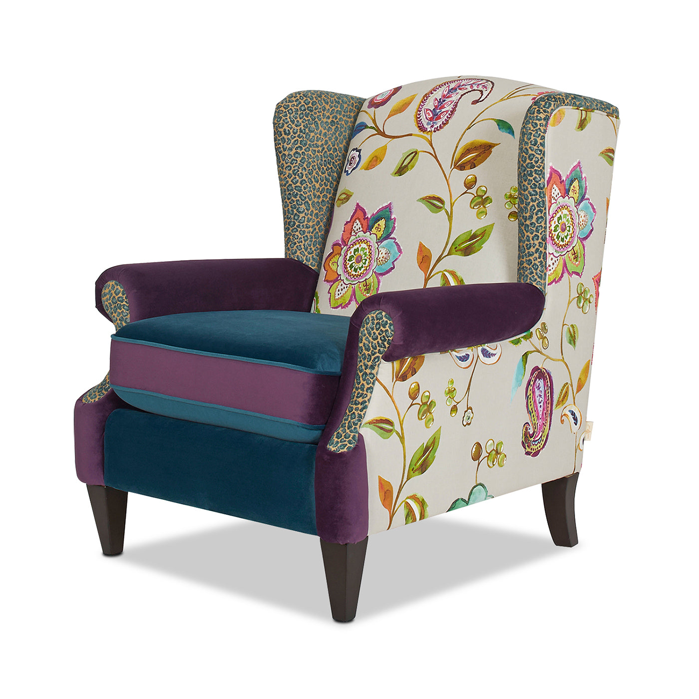 Anya Boho Chic Wingback Accent Arm Chair, Floral & Leopard, Blue Teal & Purple Velvet Teal Multi Foam Fabric