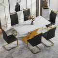 Table And Chair Set, The Table Is Equipped With A Marble Patterned Mdf Tabletop And Gold Table Legs.The Chair Is Equipped With Pu Synthetic Leather High Back Cushion And Gold Coated Metal Legs. Gold Black Seats 6 Mdf Metal