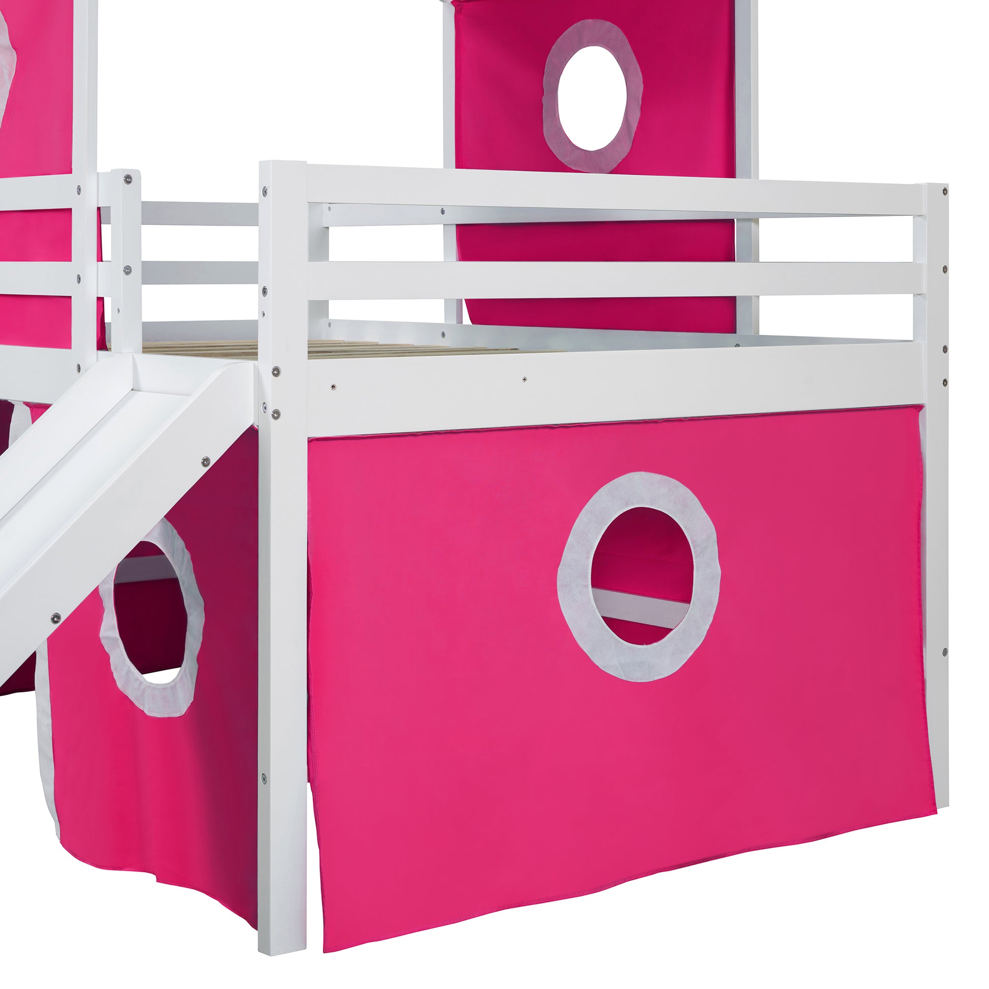 Full Size Loft Bed With Slide Pink Tent And Tower Pink Old Sku:Wf298771Aah Full Pink Solid Wood