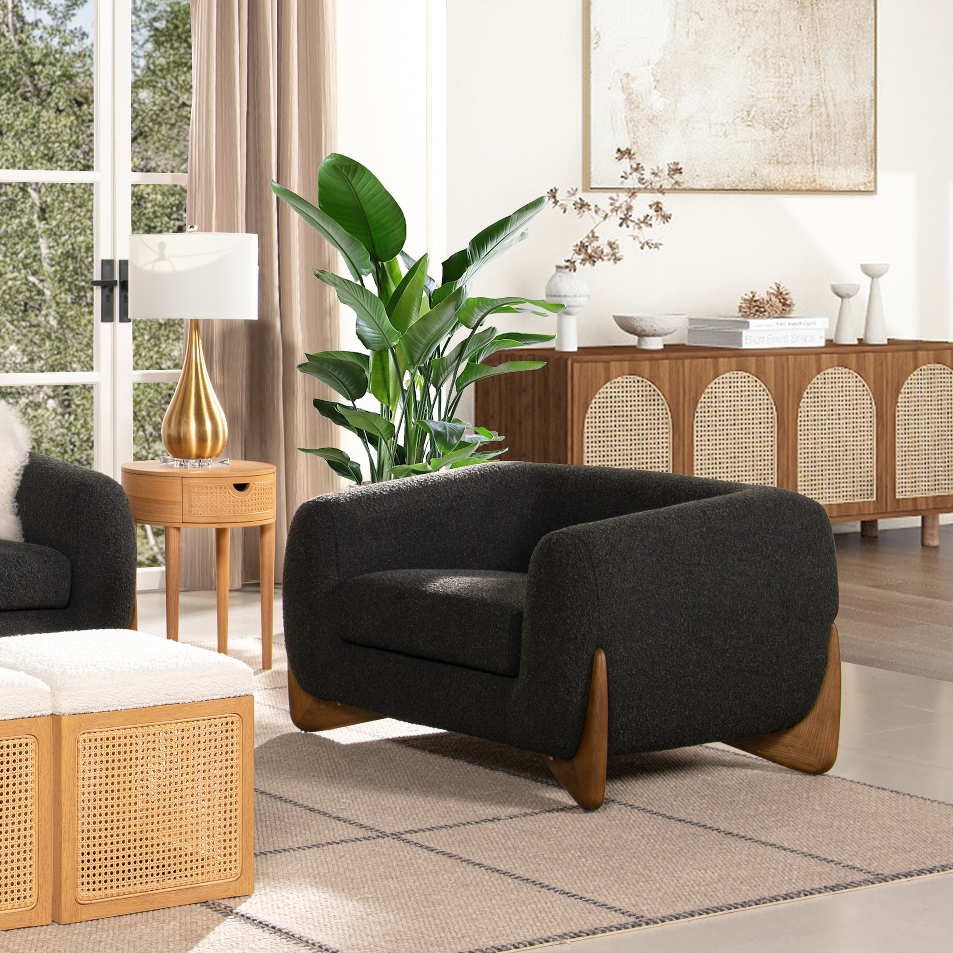 Alpine 44" Sherpa Arm Chair, Ebony Black Boucle Black Foam Boucle