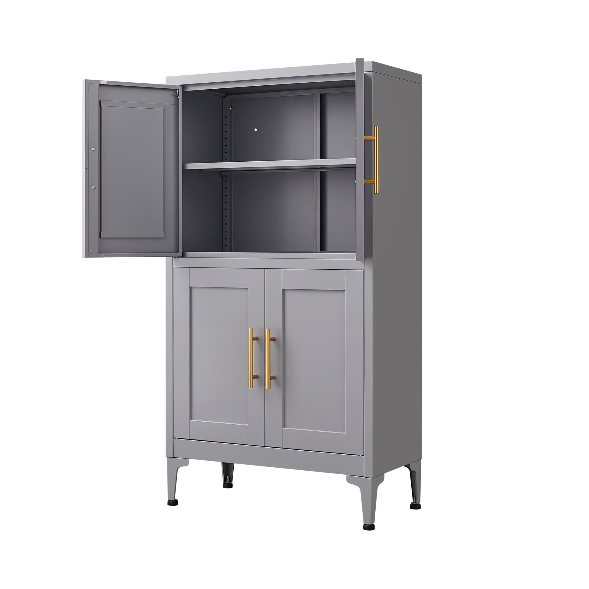 Grey Metal Kitchen Storage Cabinet, Kitchen Pantry Storage Cabinet With Doors And Shelves, Storage Cabinet With Adjustable Leveling Foot For Kitchen, Living Room And Dining Room 3 4 Shelves Grey Metal