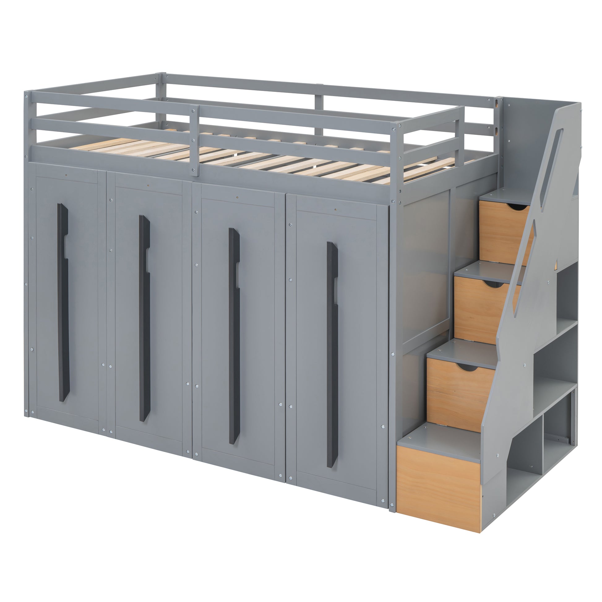 Modern Loft Bed With Two Tone Storage Stairs And Pull Out Wardrobes, Gray Twin Gray Solid Wood Mdf