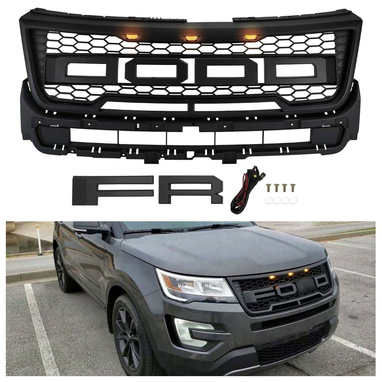 Raptor Front Grill For 2016 2017 2018 Ford Explorer W Led Lights& Letters Matte Black Matt Black Abs Abs