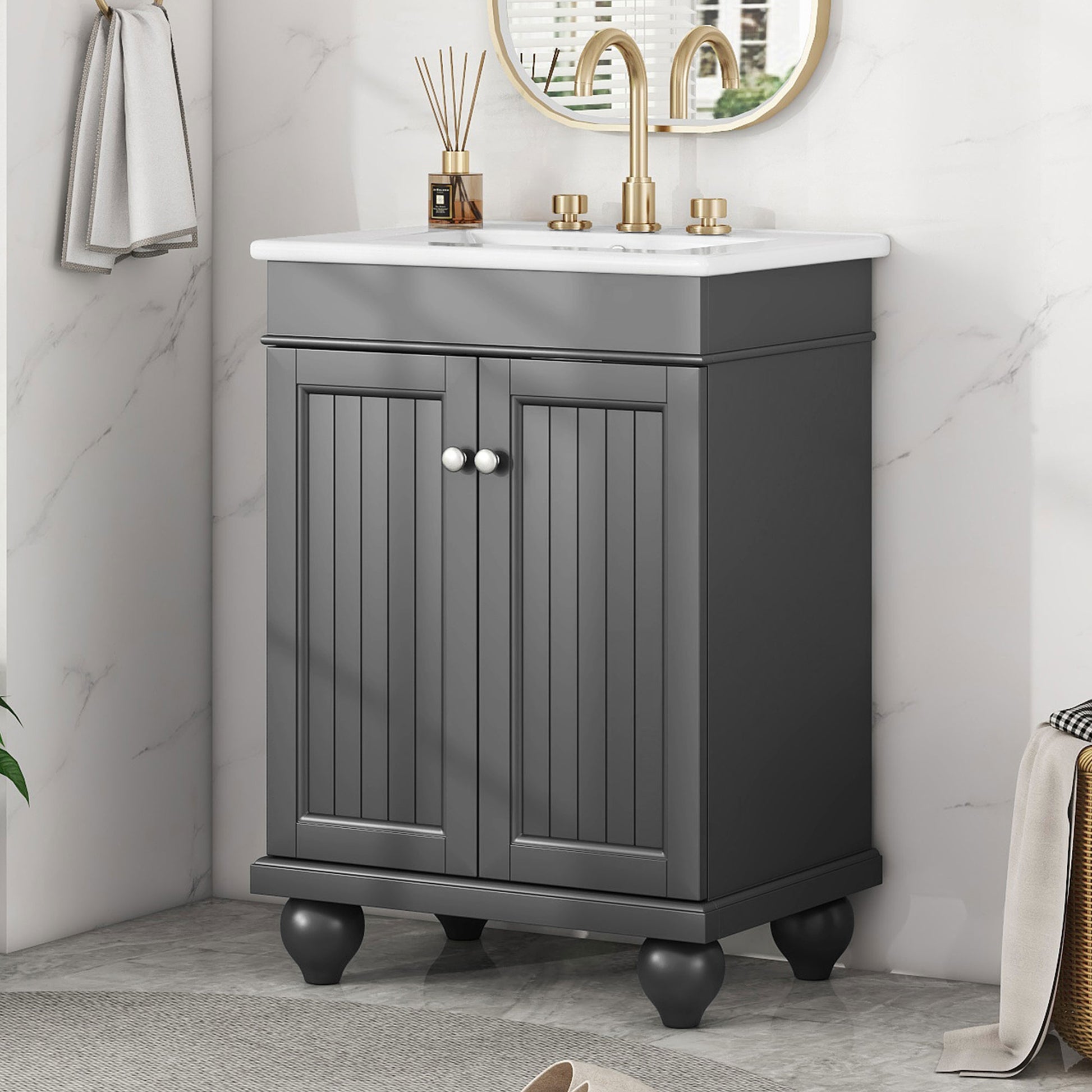 24" Black Modern Sleek Bathroom Vanity Elegant Ceramic Sink With Solid Wood Frame, Adjustable Shelf Black Solid Wood Mdf