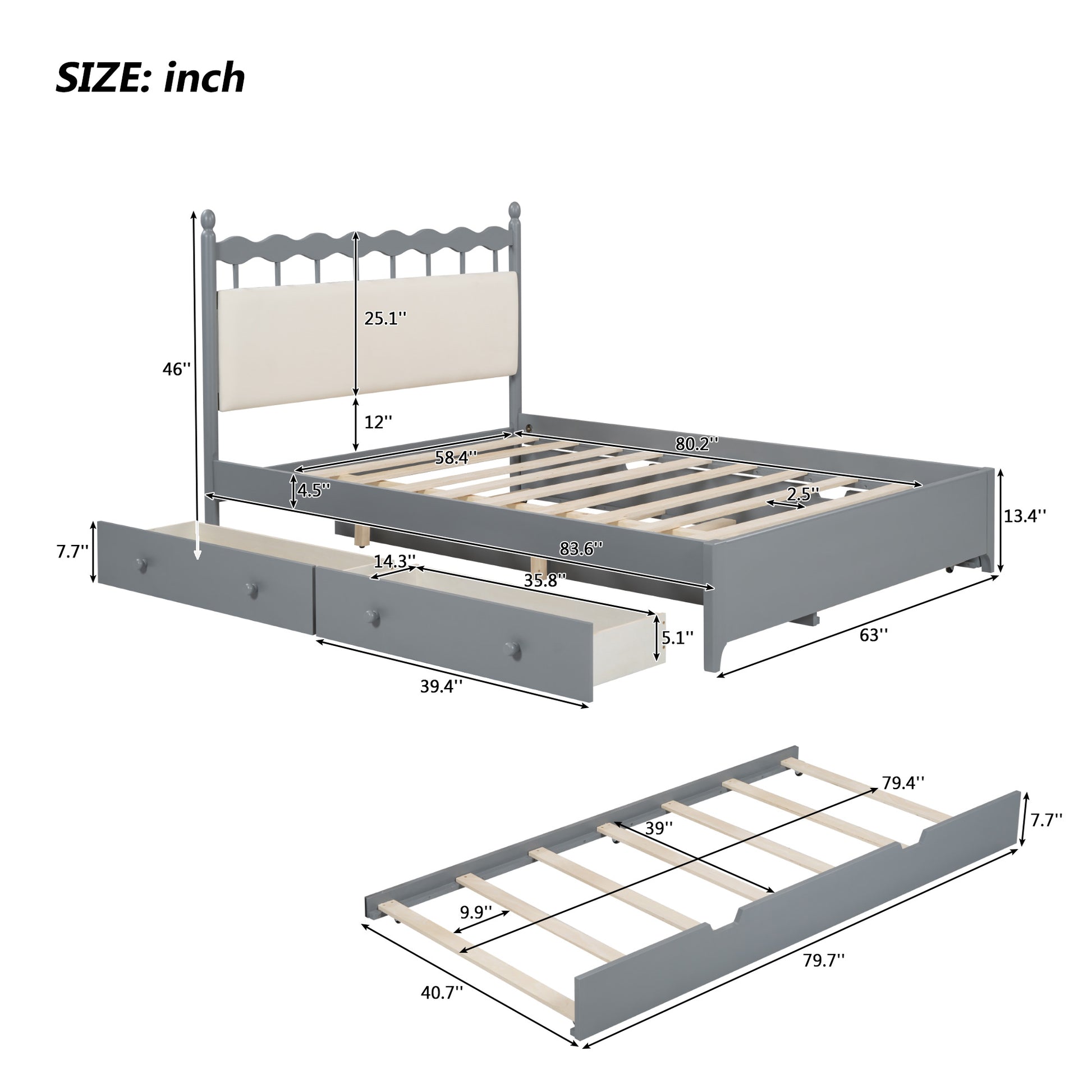 Queen Size Wooden Storage Platform Bed, With 2 Big Drawers, T Size Trundle, Gray Queen Gray Plywood