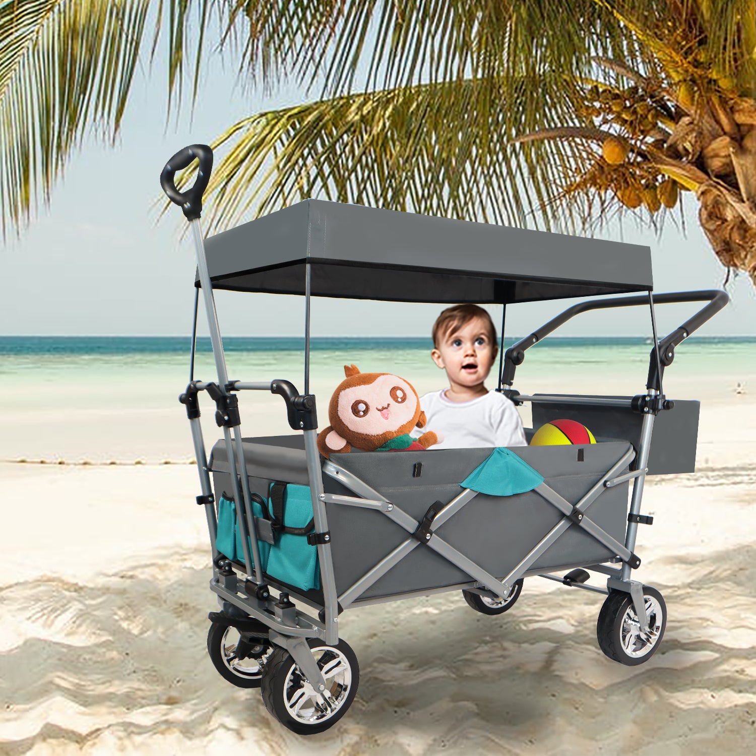 Push & Pull Utility Folding Wagon With Removable Canopy Gray Oxford Fabric Metal