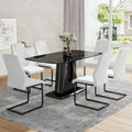 Table And Chair Set, Minimalist Dining Table, Imitation Marble Patterned Glass Tabletop, Mdf Legs With U Shaped Brackets. Paired With Comfortable Chairs, Suitable For Dining And Living Rooms. Black Mdf Glass