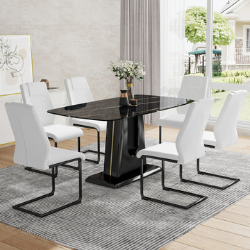 Table And Chair Set, Minimalist Dining Table, Imitation Marble Patterned Glass Tabletop, Mdf Legs With U Shaped Brackets. Paired With Comfortable Chairs, Suitable For Dining And Living Rooms. Black Mdf Glass