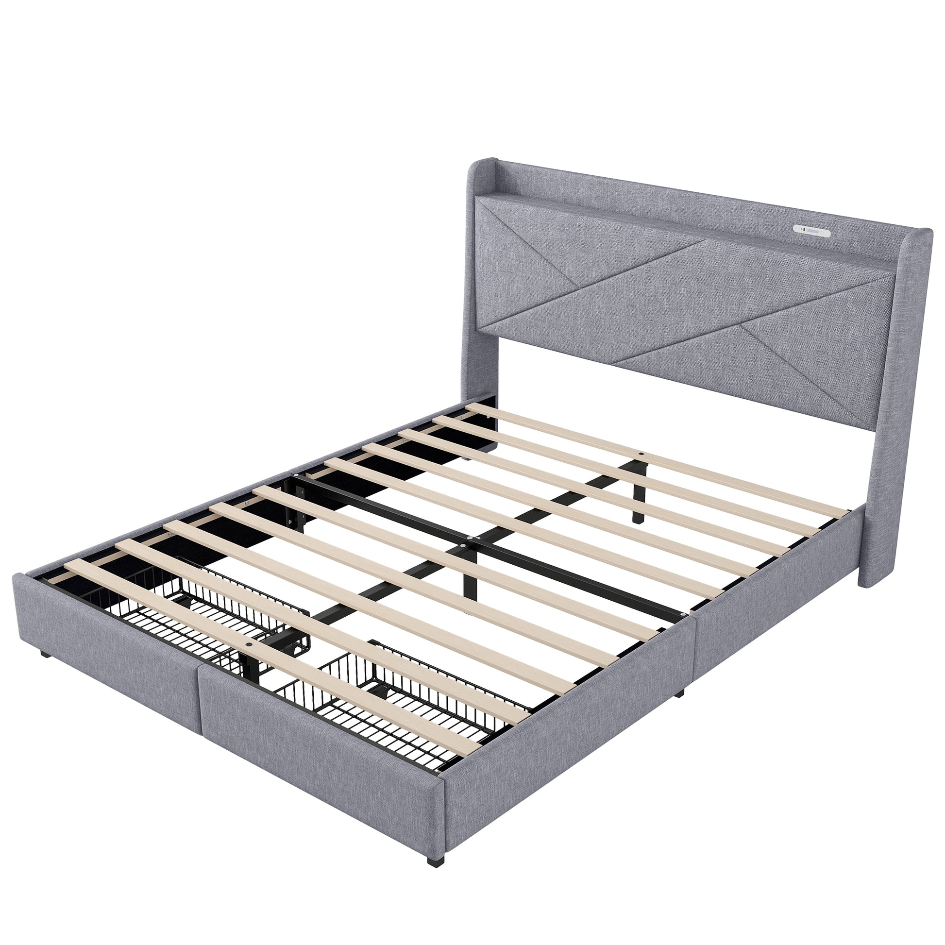 Queen Size Upholstery Platform Bed With Storage Headboard, Led, Usb Charging And 2 Drawers, Gray Queen Gray Upholstered
