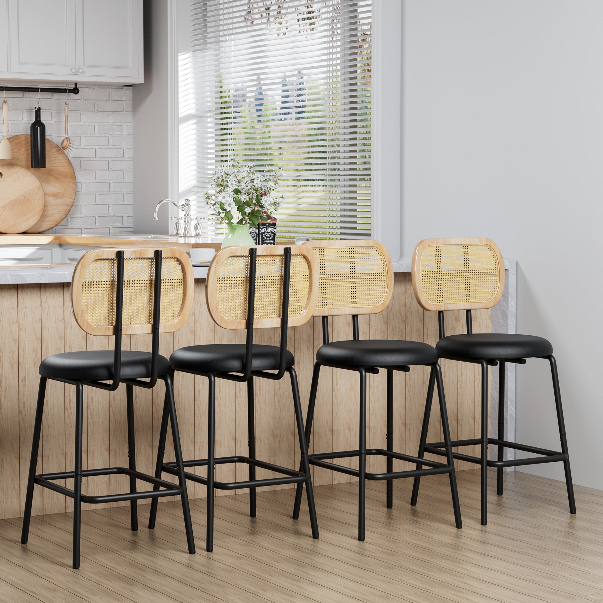 Rattan Bar Stool, Indoor Leather Bar Stools Set