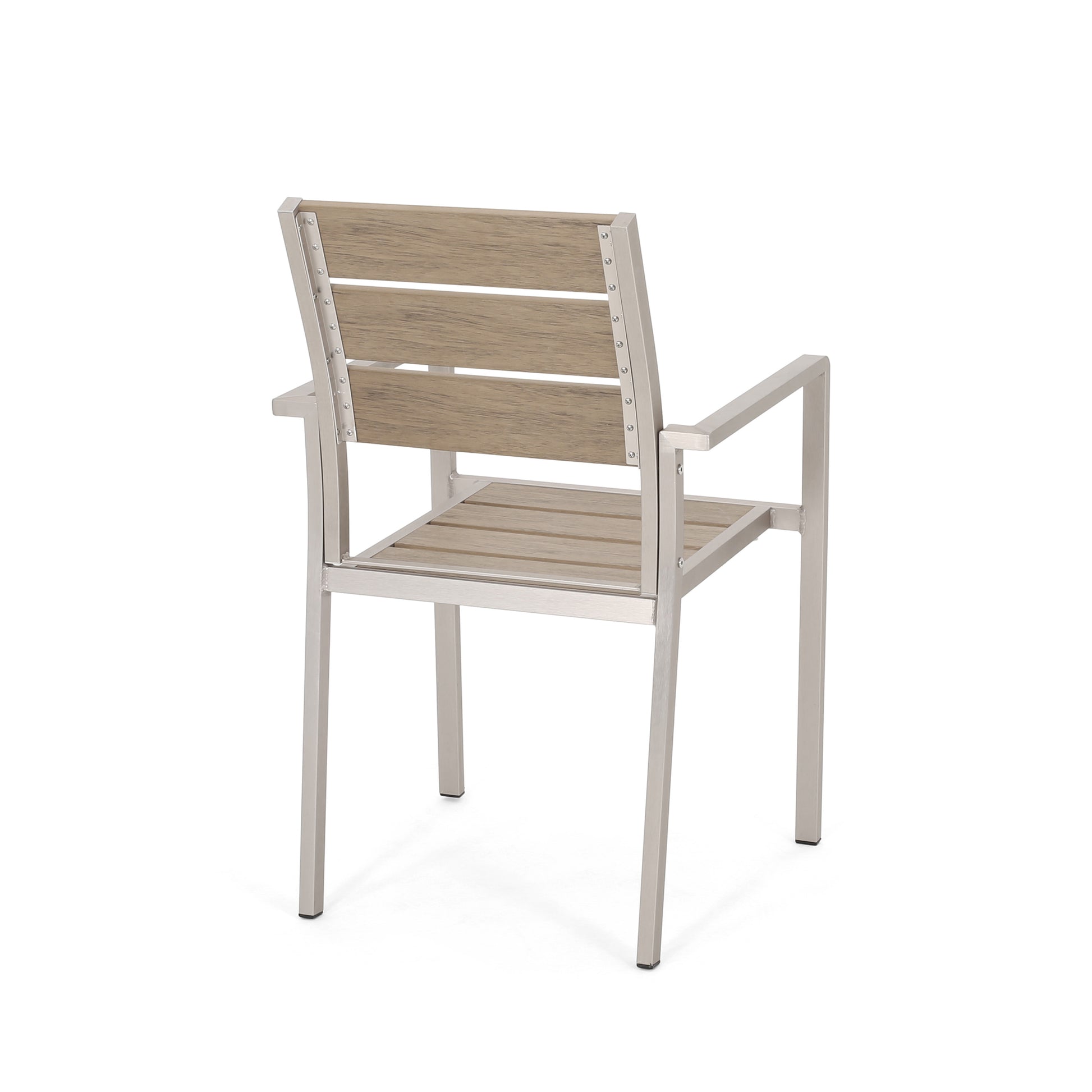 Outdoor Modern Aluminum Dining Chair With Faux Wood Seat Set Of 2 , Natural And Silver Natural Aluminium