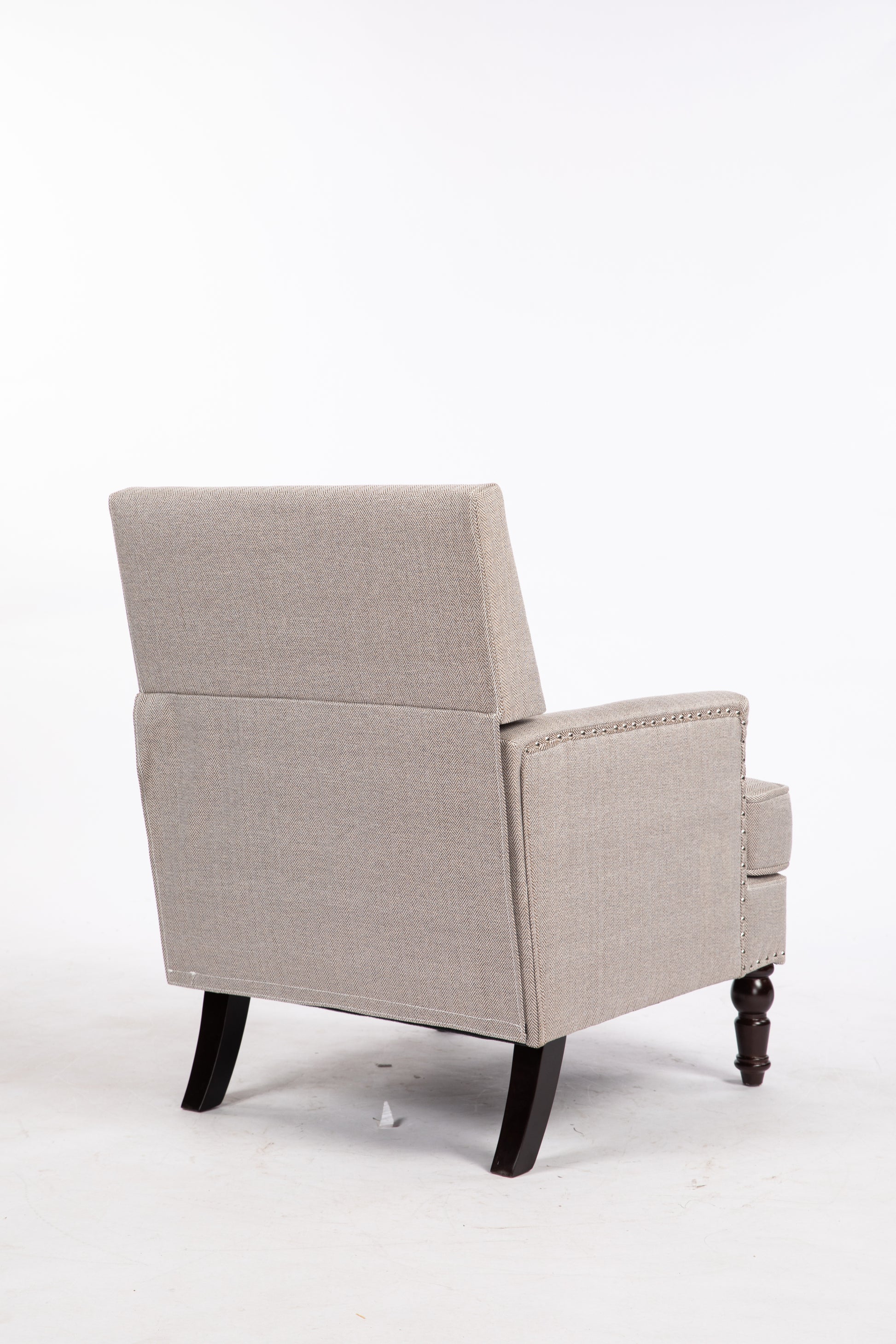 Upholstered Accent Chair, Vintage Armchair With Blue And White Striped Linen Fabric And Trim For Living Room Grey Cotton