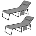 Outsunny Folding Chaise Lounge Set With 5 Level Reclining Back, Outdoor Lounge Tanning Chair With Padded Seat, Side Pocket & Headrest For Beach, Yard, Patio, Gray Grey Steel