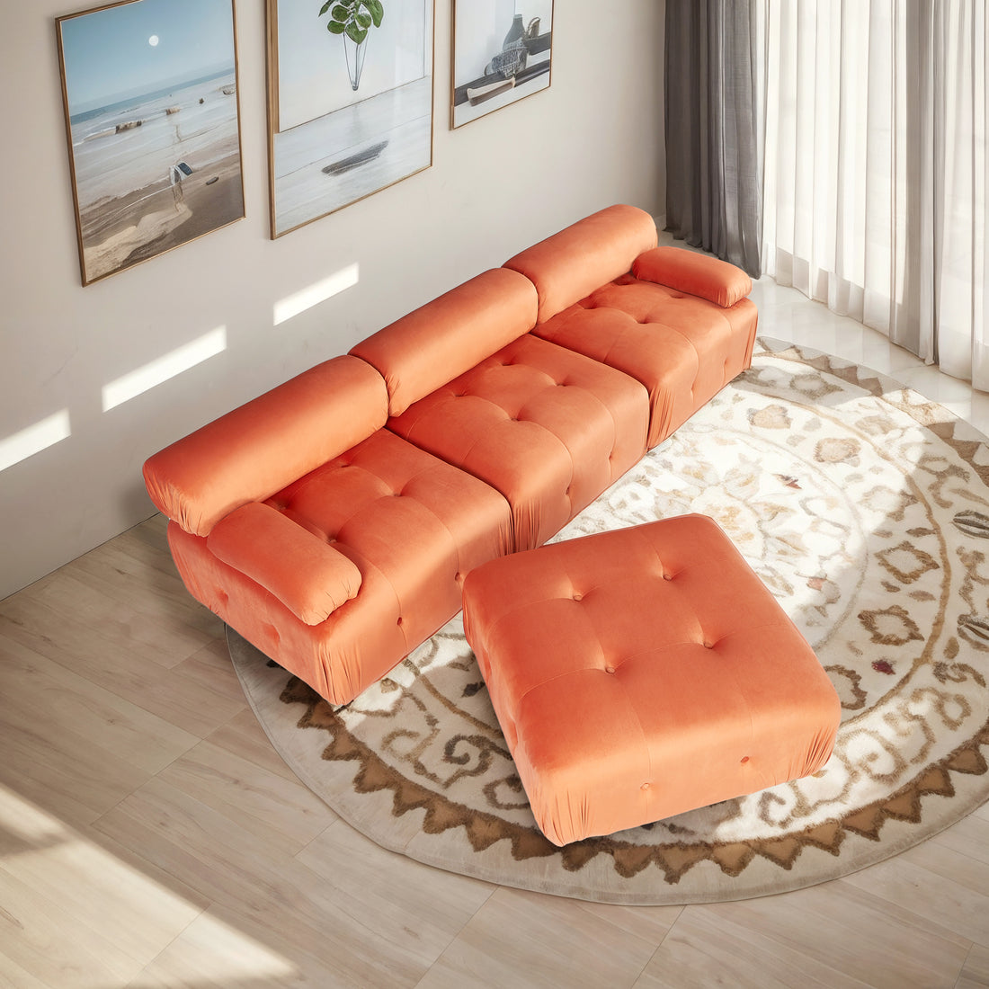 Modular Sectional Sofa Couch, Modern L Shaped Cloud Couch With Reversible Ottoman Convertible Button Tufted Velvet Fabric Couches For Living Room, Diy Combination,Orange Orange Velvet 4 Seat